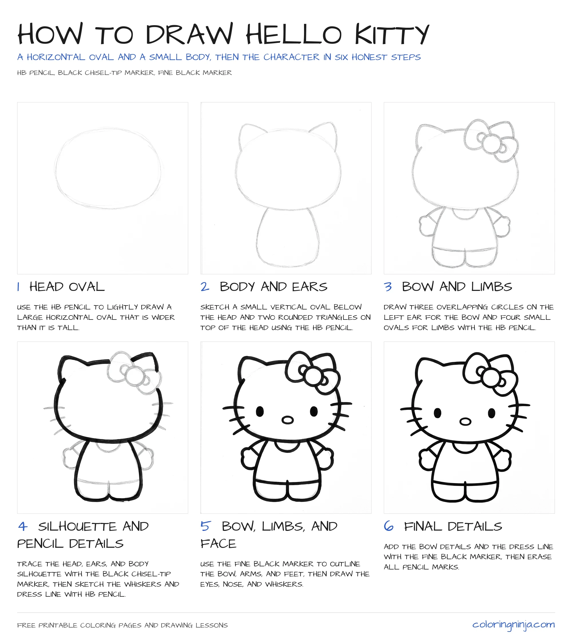 How to draw Hello Kitty: the 6-step lesson sheet