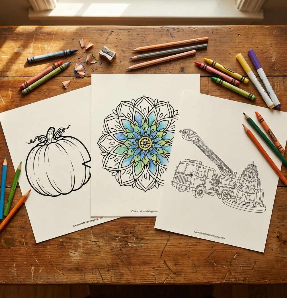 Example printable coloring pages from Coloring Ninja, partially colored in