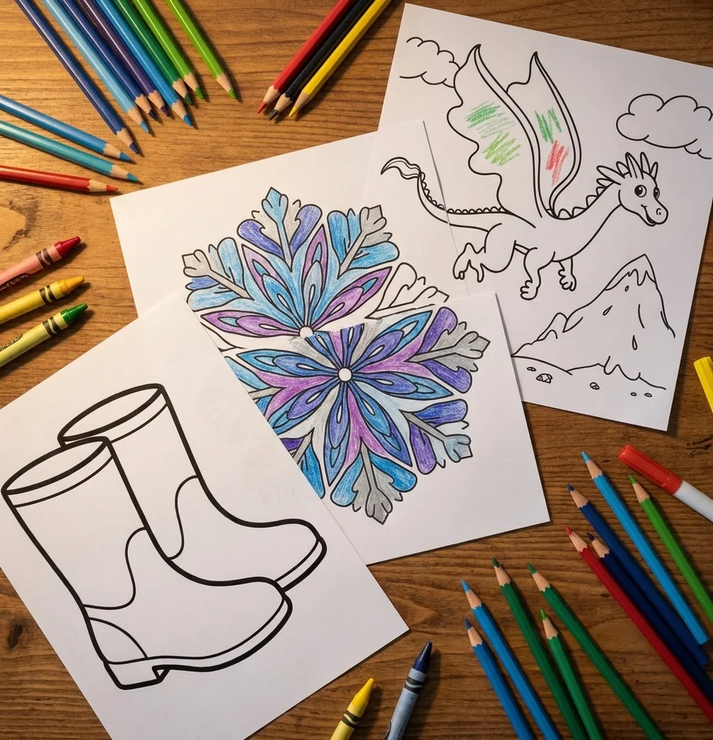 Three printed coloring pages on a wooden desk with colored pencils, one of them partly colored in