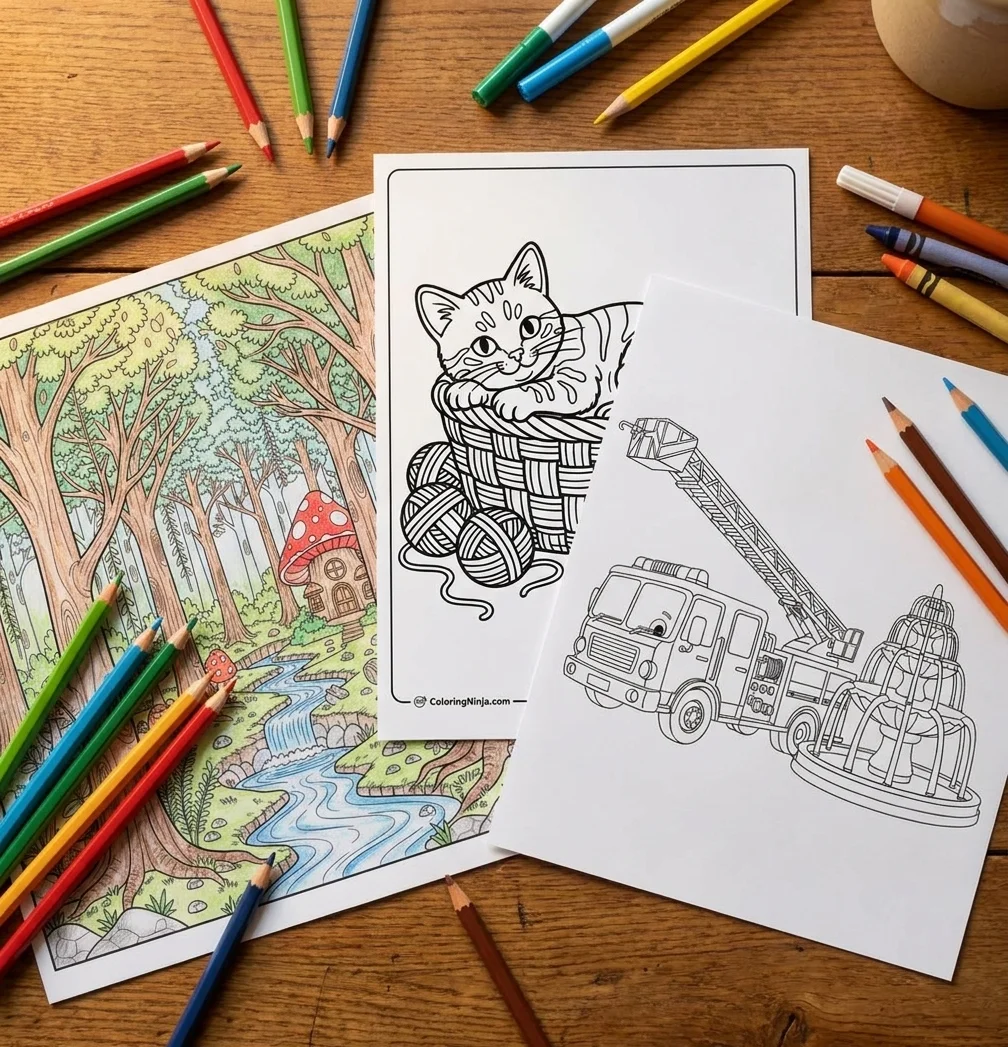 Example printable coloring pages from Coloring Ninja, partially colored in