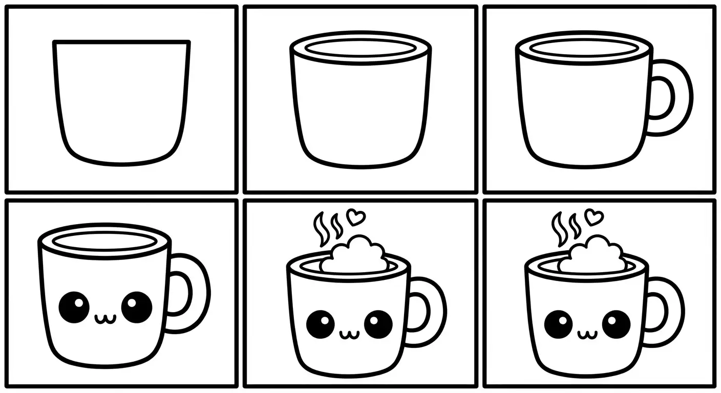 How to draw kawaii coffee - all steps