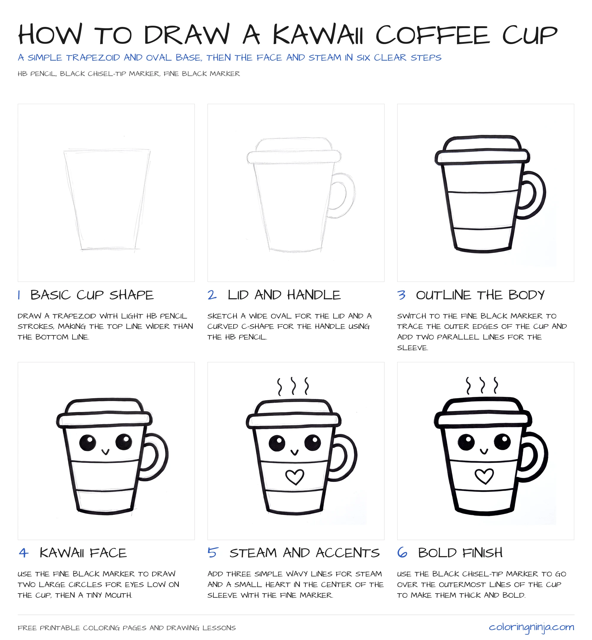 How to draw a Kawaii Coffee Cup: the 6-step lesson sheet