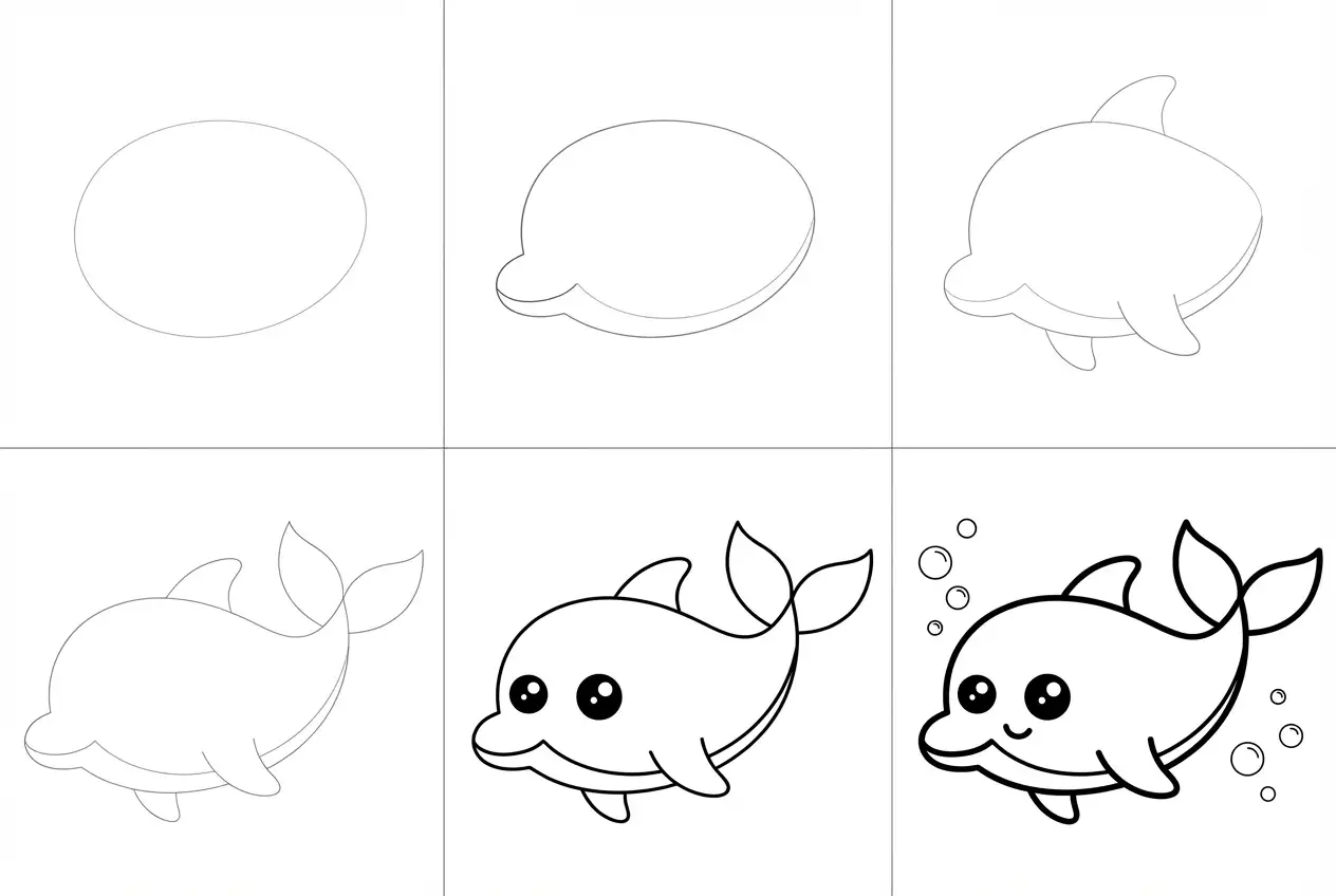 How to draw kawaii dolphin - all steps