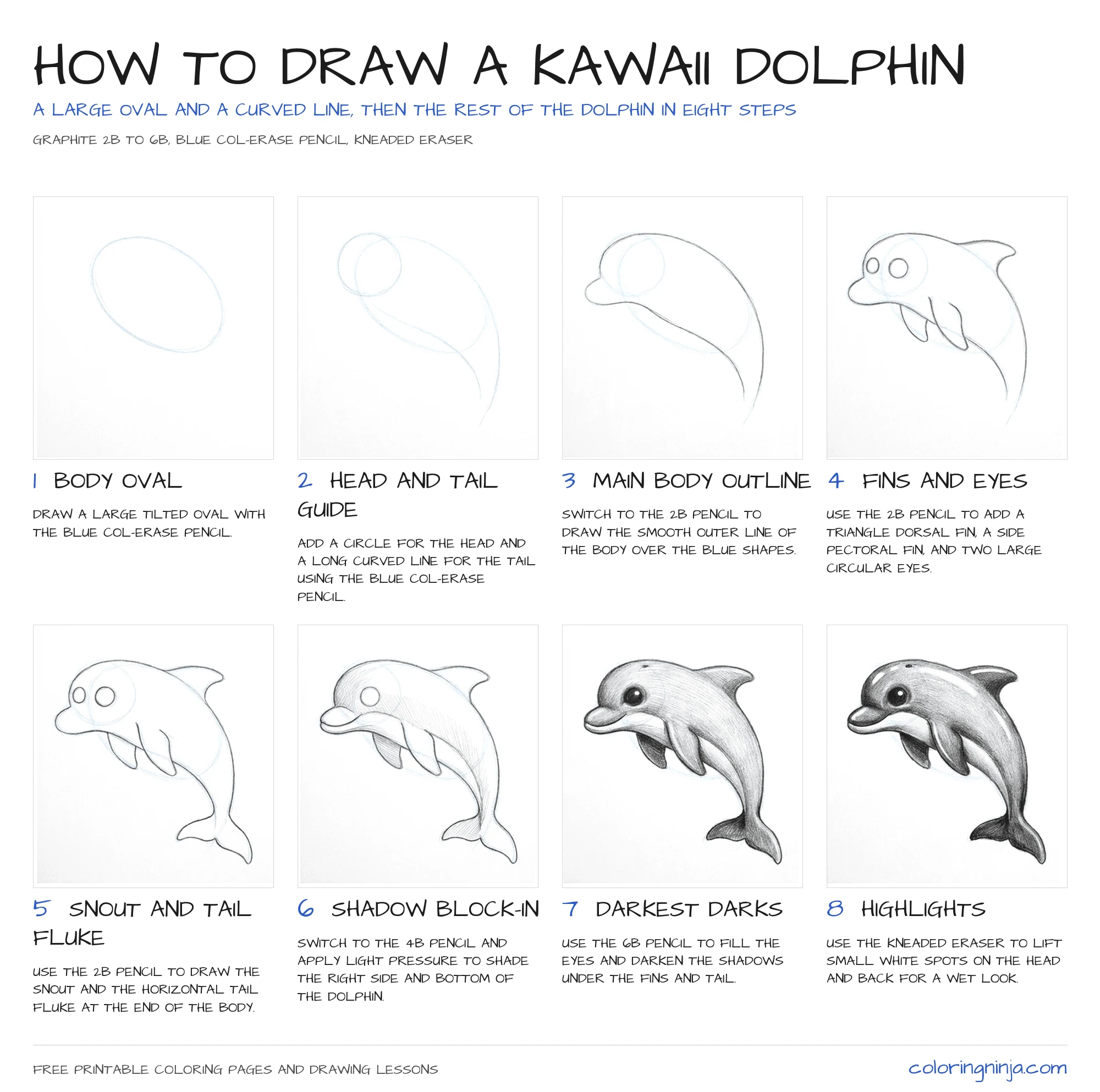 How to draw a Kawaii Dolphin: the 8-step lesson sheet