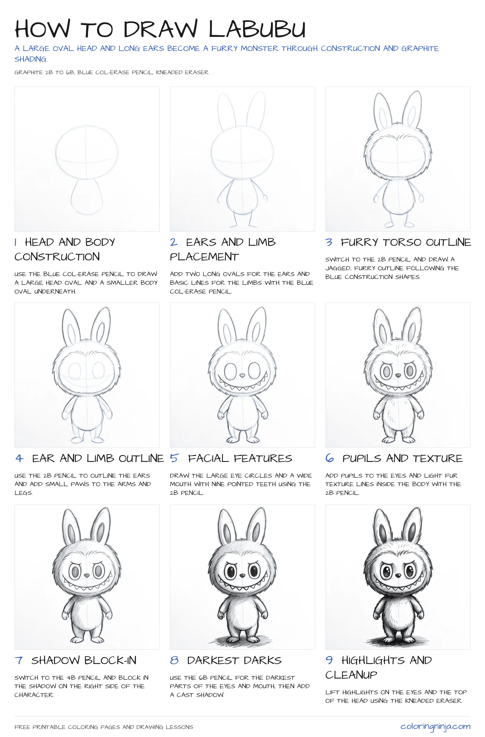 How to draw Labubu: the 9-step lesson sheet