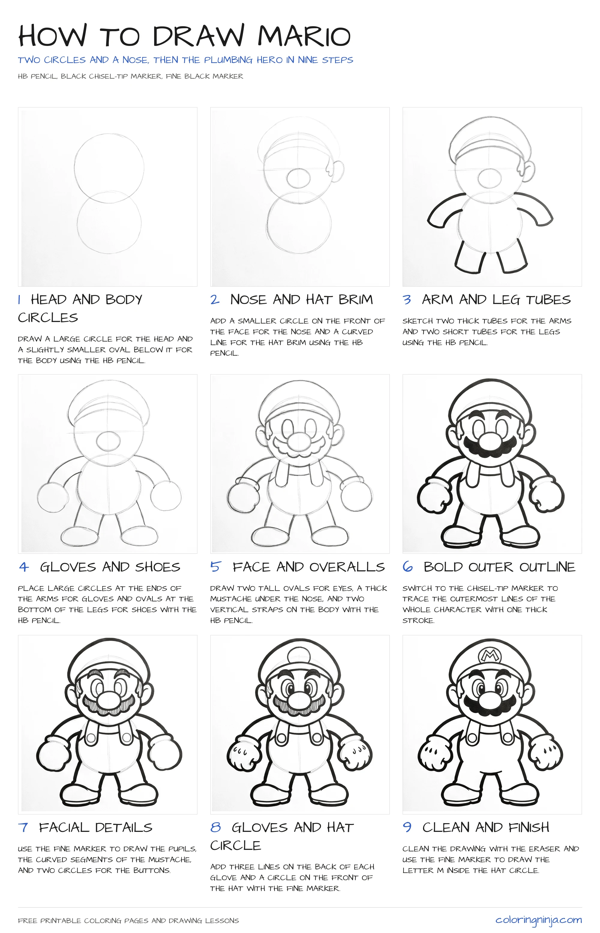How to draw Mario: the 9-step lesson sheet