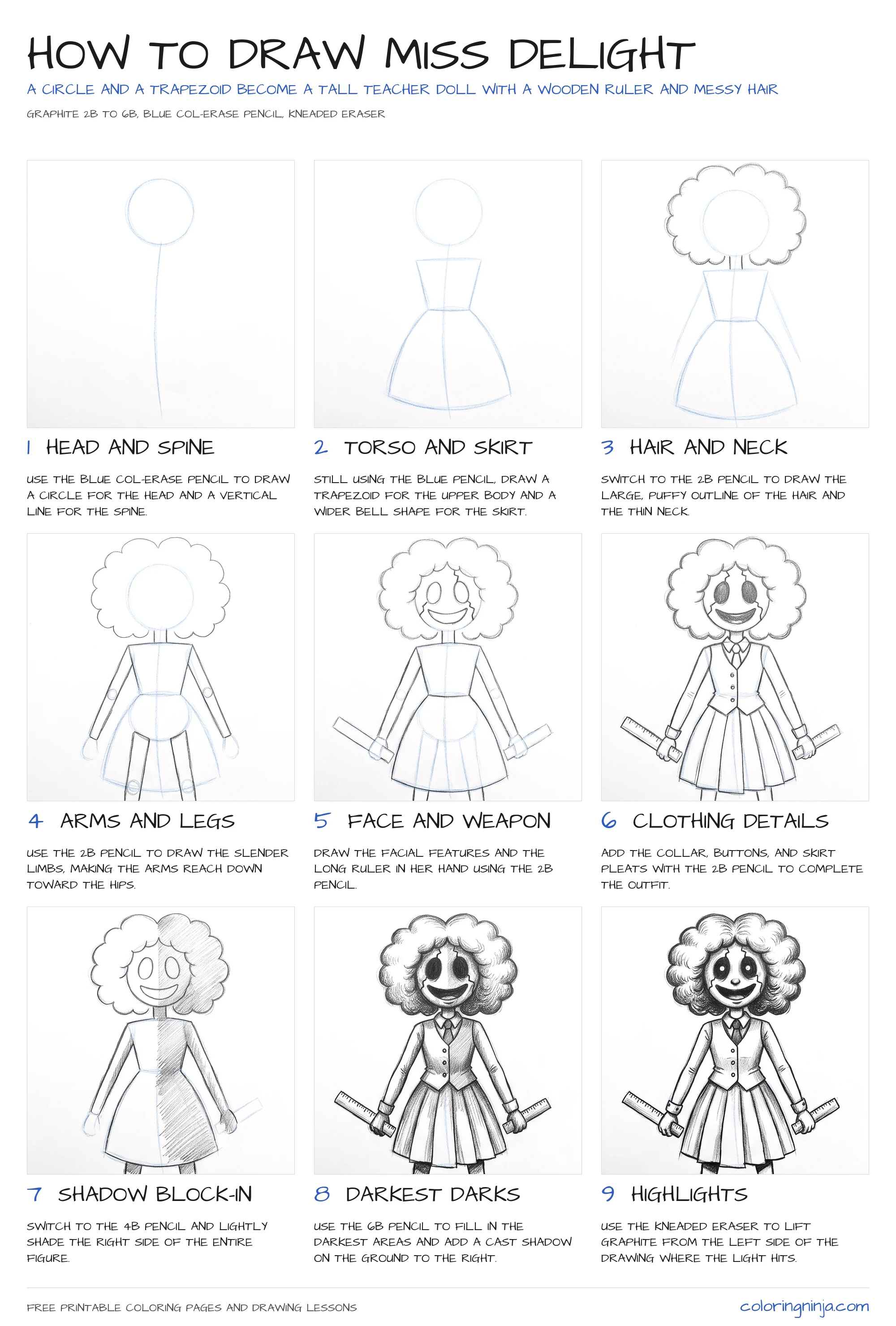 How to draw Miss Delight: the 9-step lesson sheet