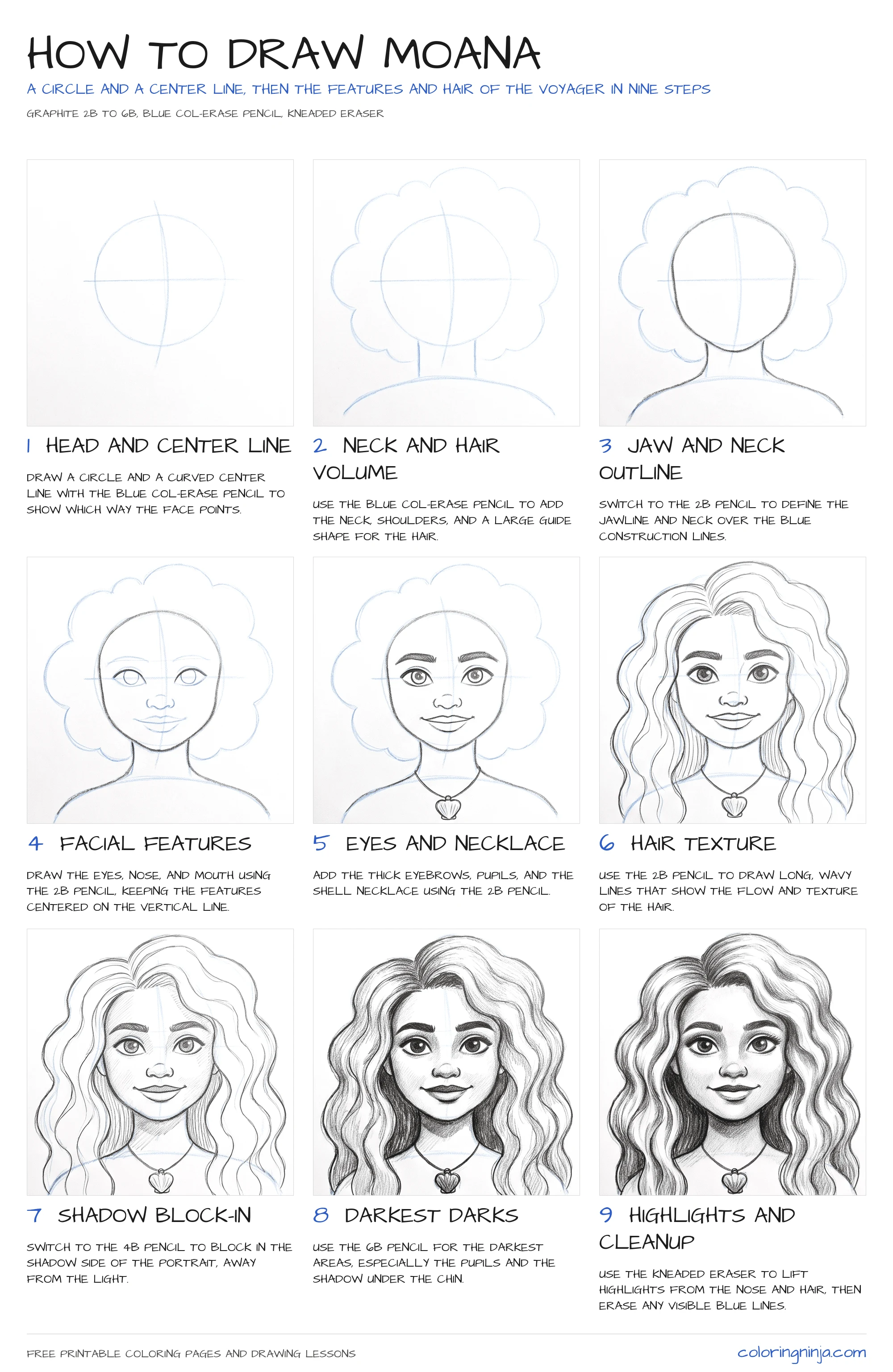 How to draw Moana: the 9-step lesson sheet