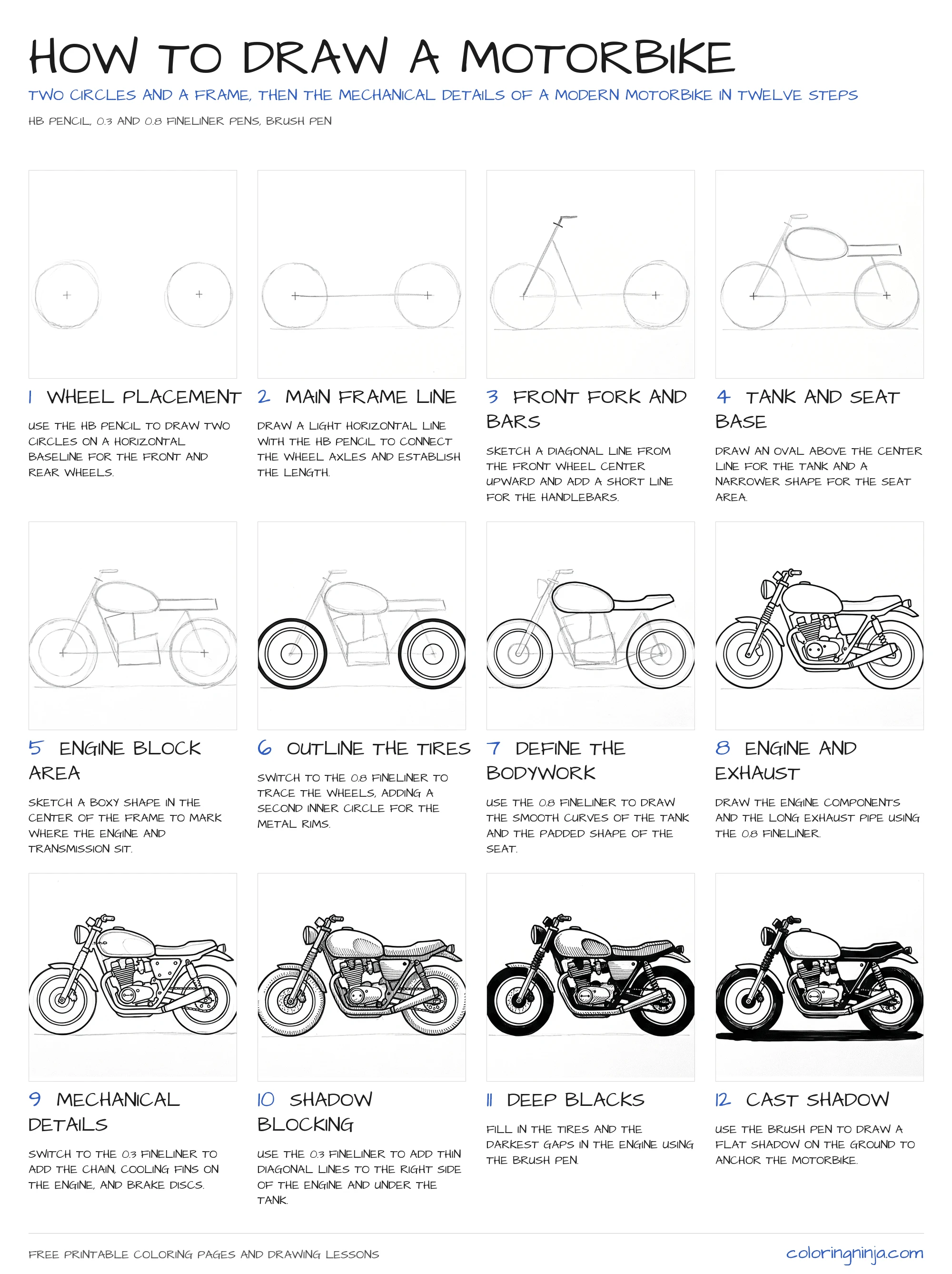 How to draw A Motorbike: the 12-step lesson sheet