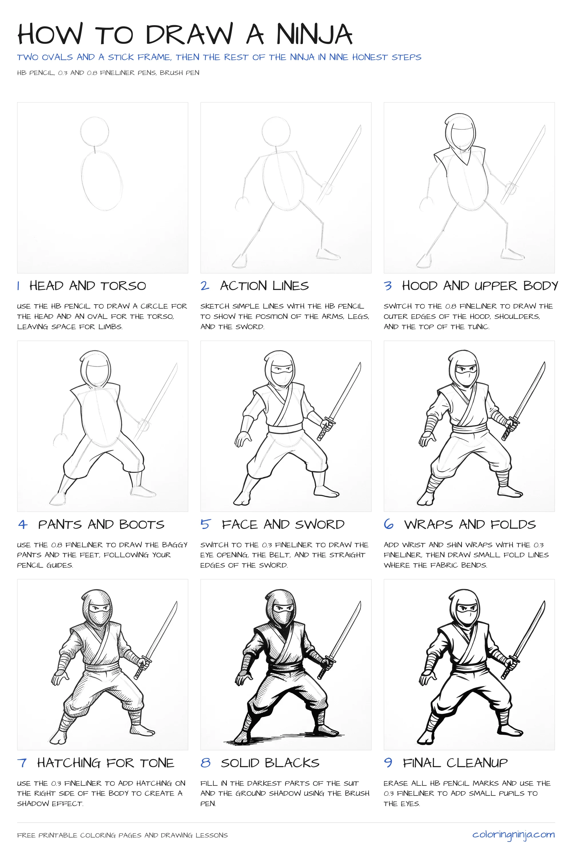 How to draw a Ninja: the 9-step lesson sheet