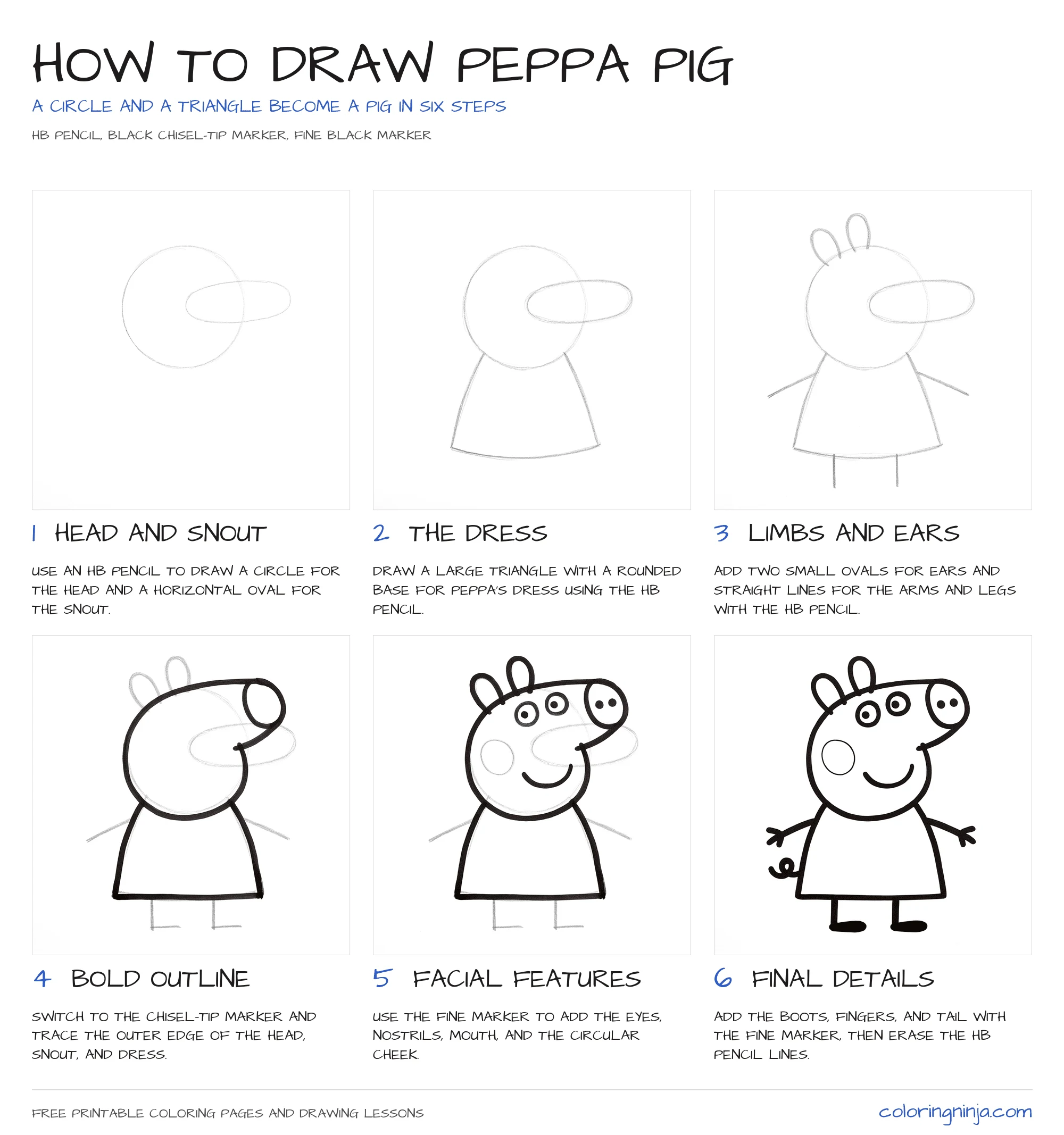 How to draw Peppa Pig: the 6-step lesson sheet