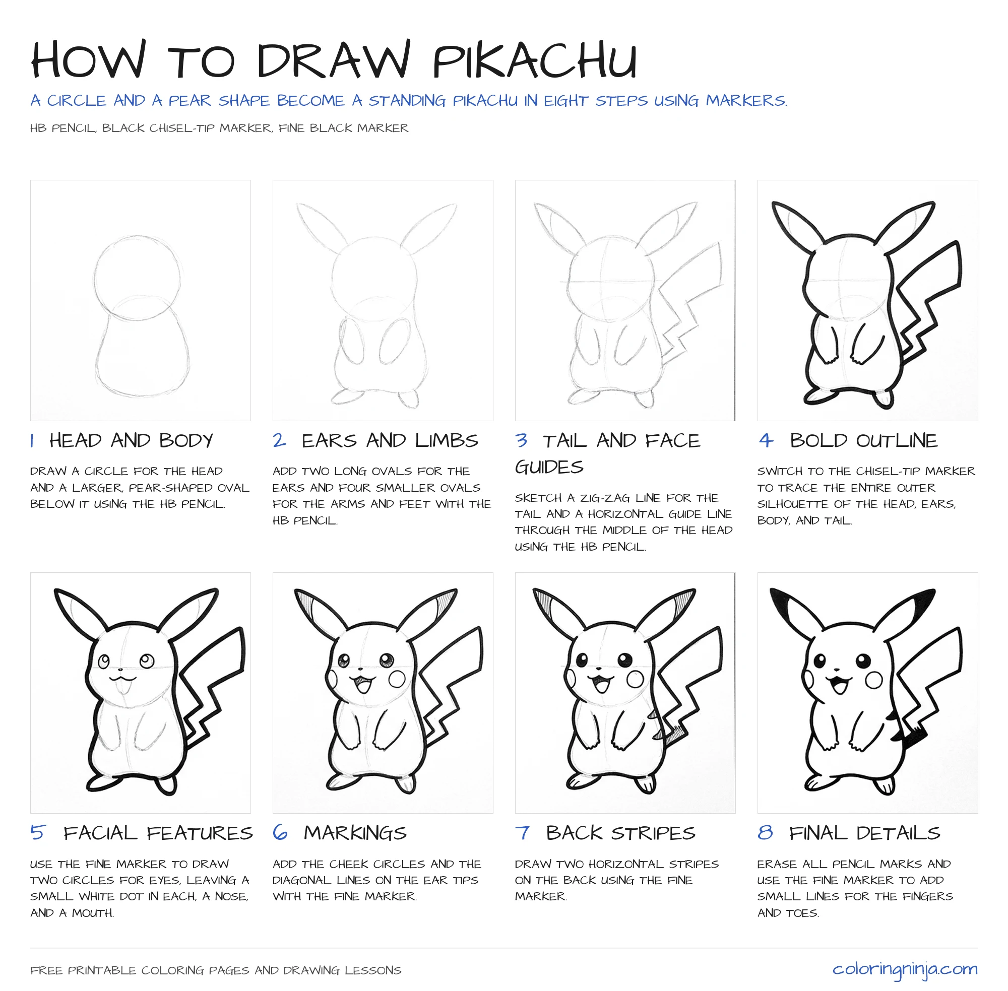 How to draw Pikachu: the 8-step lesson sheet