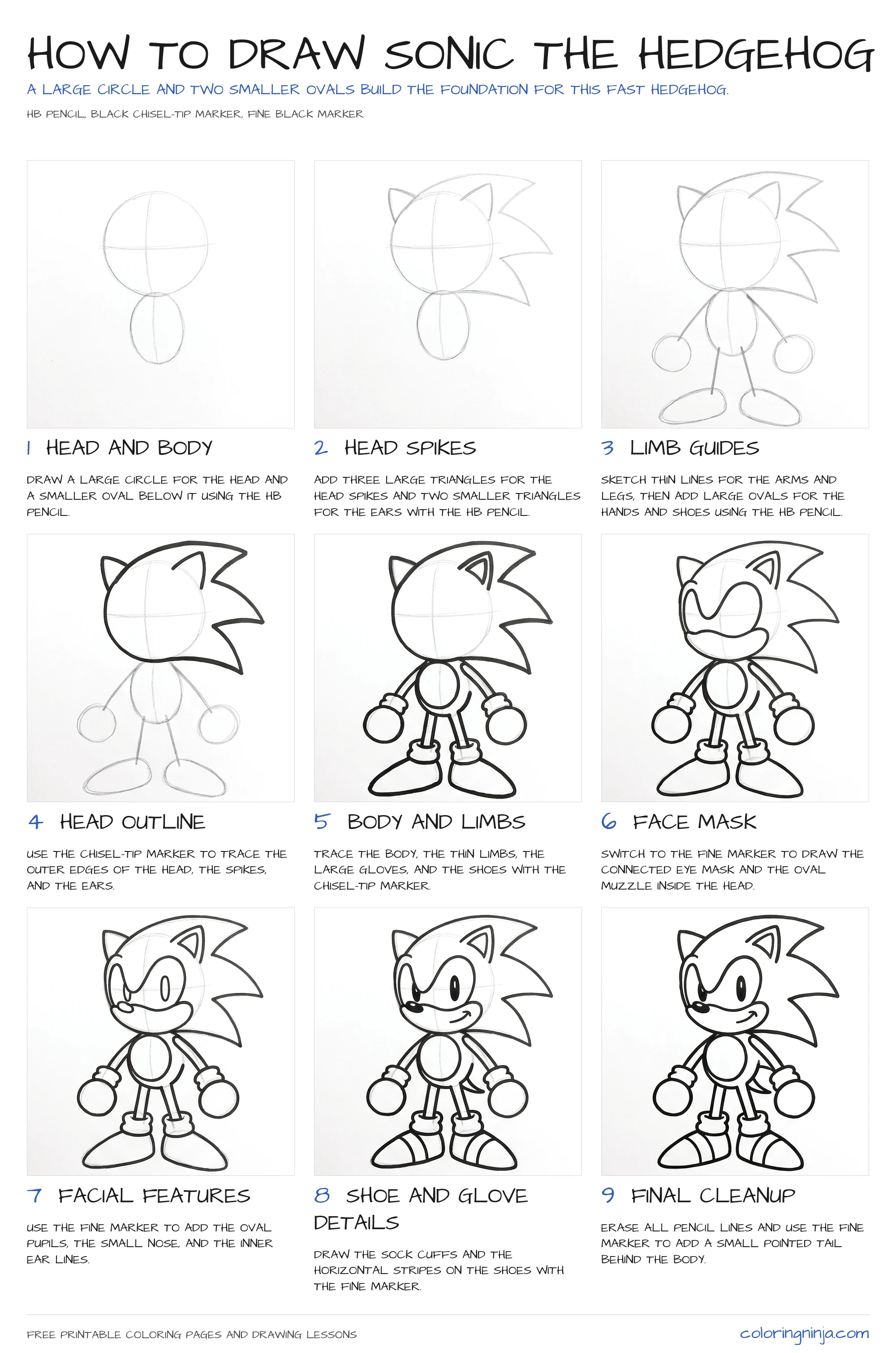 How to draw Sonic the Hedgehog: the 9-step lesson sheet