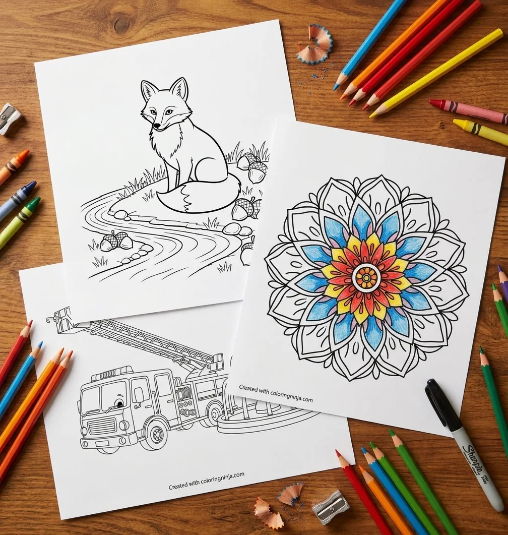 Example printable coloring pages from Coloring Ninja, partially colored in