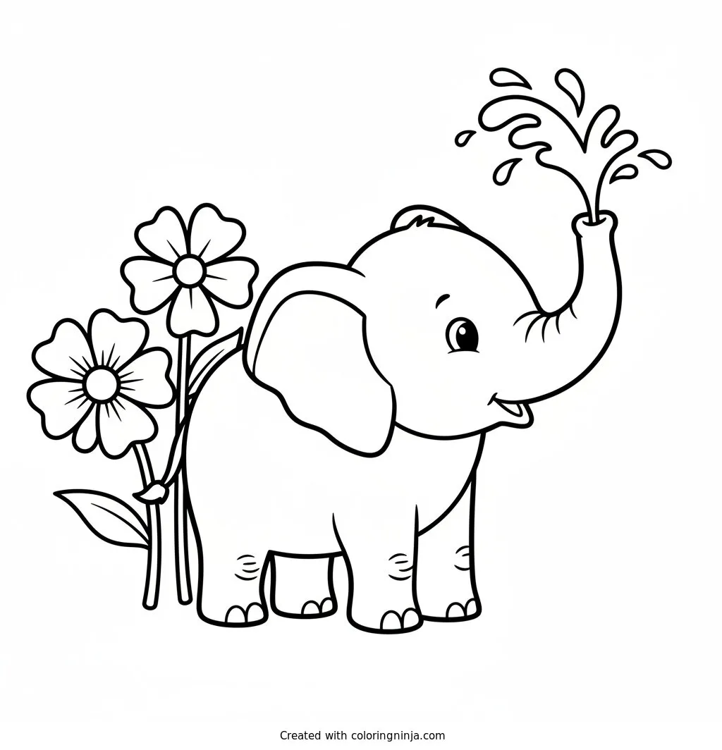 Baby Elephant Coloring Page: This page features a cute baby elephant happily spraying water with its trunk. Two flowers grow on the ground nearby next to the young elephant.