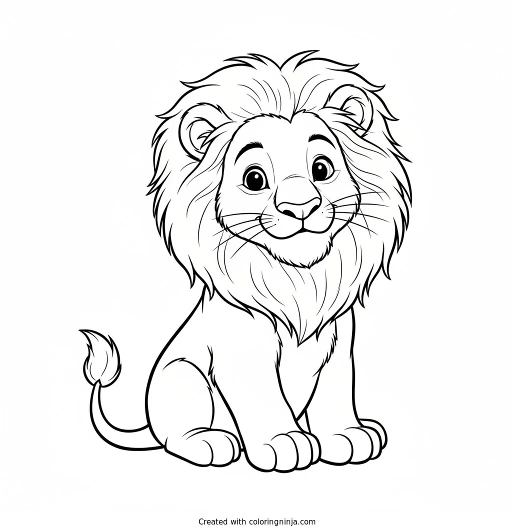 Baby Lion Coloring Page: This coloring page features a friendly lion cub sitting happily. The cheerful cub has a large, fluffy mane surrounding its smiling face.