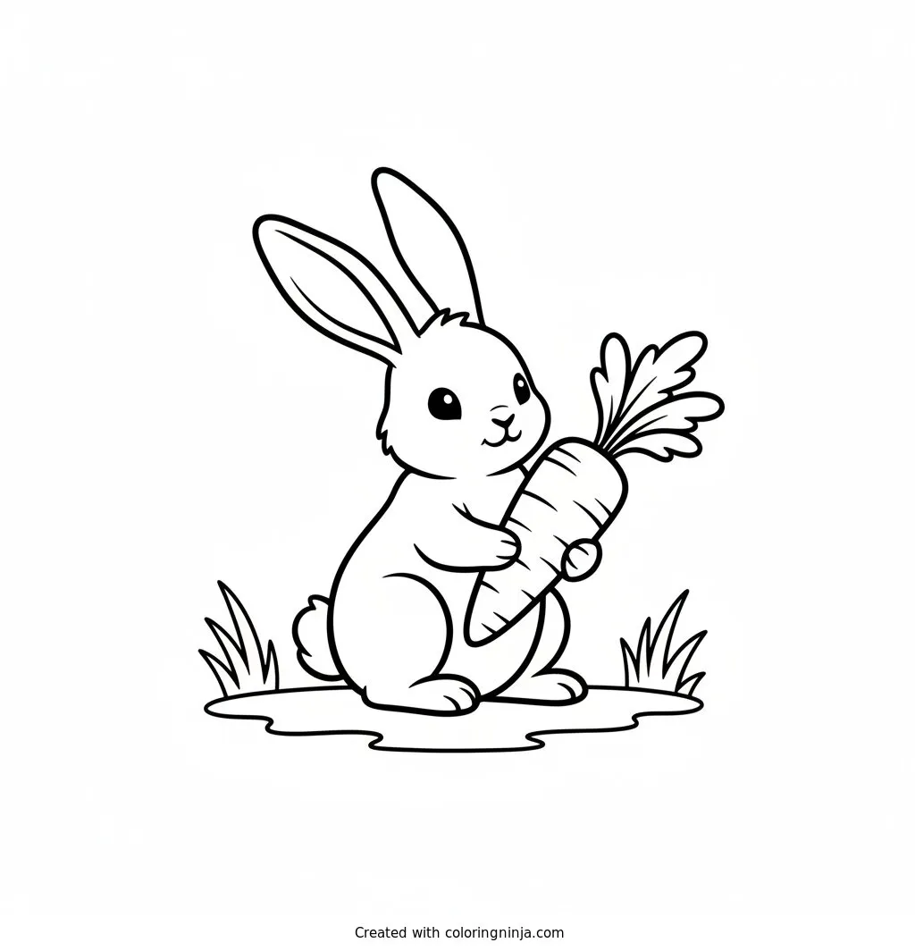 Bunny With A Carrot Coloring Page: This page features a little rabbit with long ears holding a big carrot. Simple grass sits underneath the bunny to complete the scene.