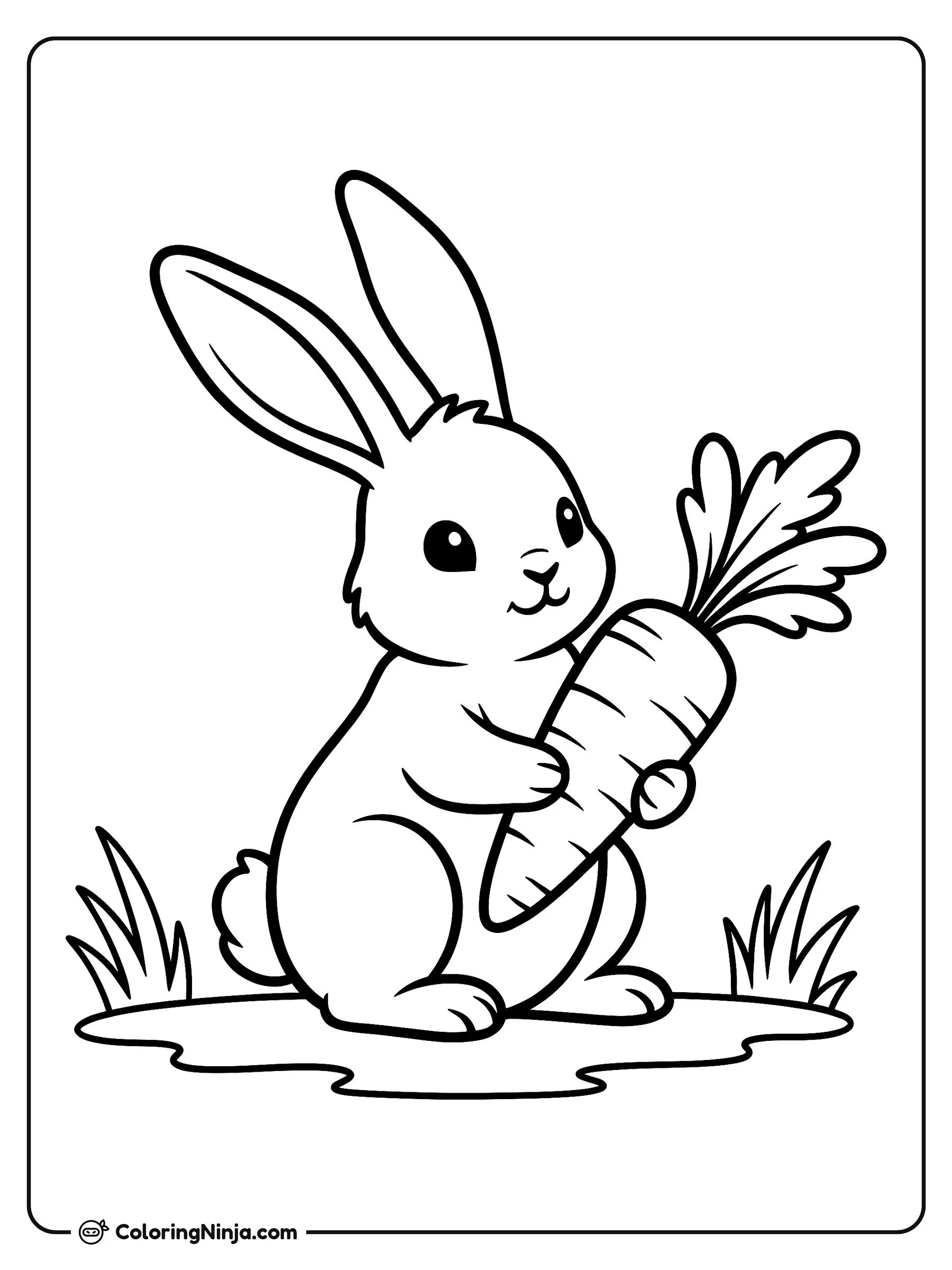 Bunny With A Carrot Coloring Page: This page features a little rabbit with long ears holding a big carrot. Simple grass sits underneath the bunny to complete the scene.