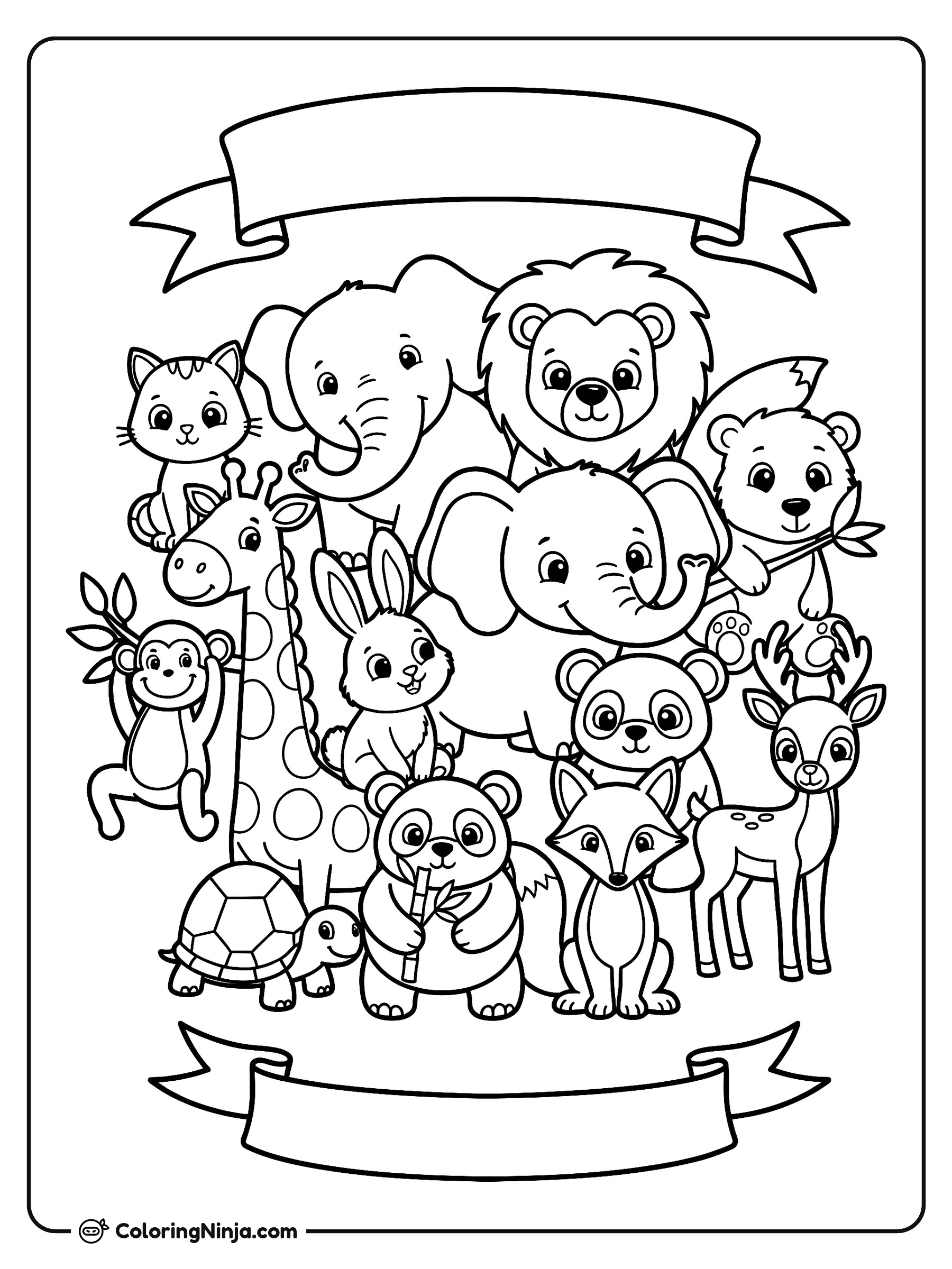 Grupo de tiernos animales de la naturaleza: dibujo para colorear
