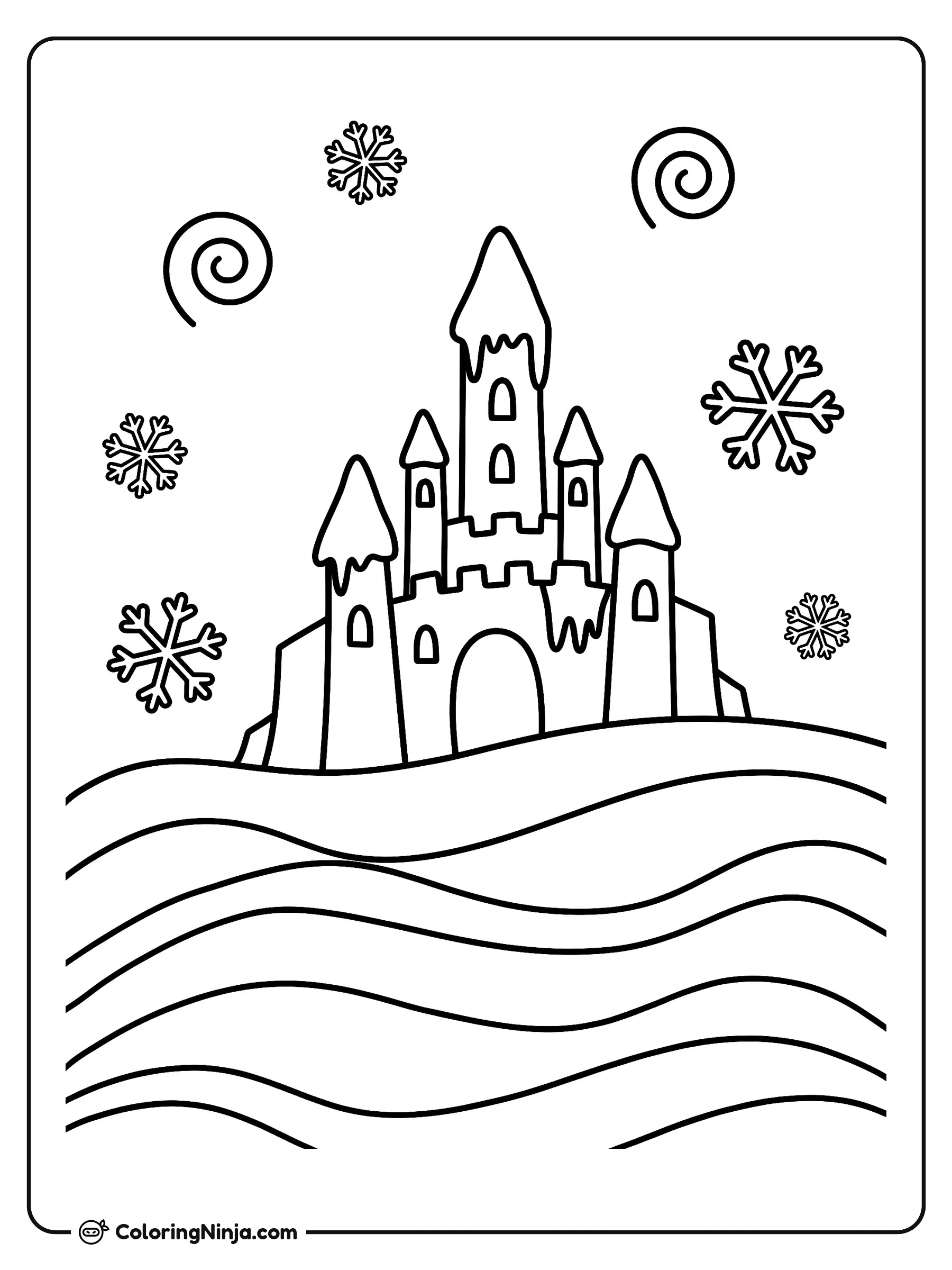 Castillo de hielo de Disney Frozen, dibujo para colorear: Un majestuoso castillo de hielo cubierto de nieve se alza sobre suaves colinas bajo un cielo lleno de copos y espirales de viento.
