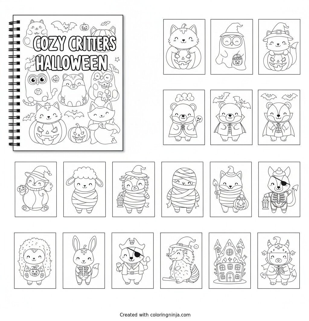 50 Pages Cozy Animals Halloween Coloring Page