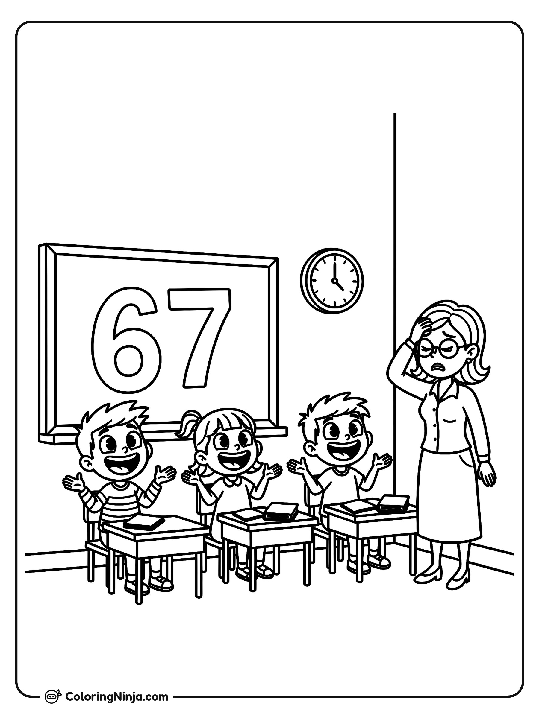 Número 67 en el salón de clases: dibujo para colorear