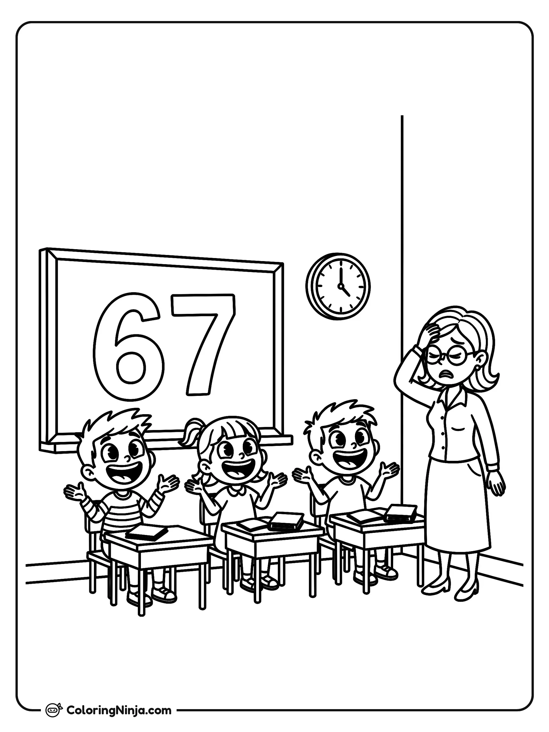 Número 67 en el salón de clases, dibujo para colorear: Tres alegres estudiantes se sientan en sus pupitres mientras en la pizarra se muestra el número 67 junto a un reloj de pared.