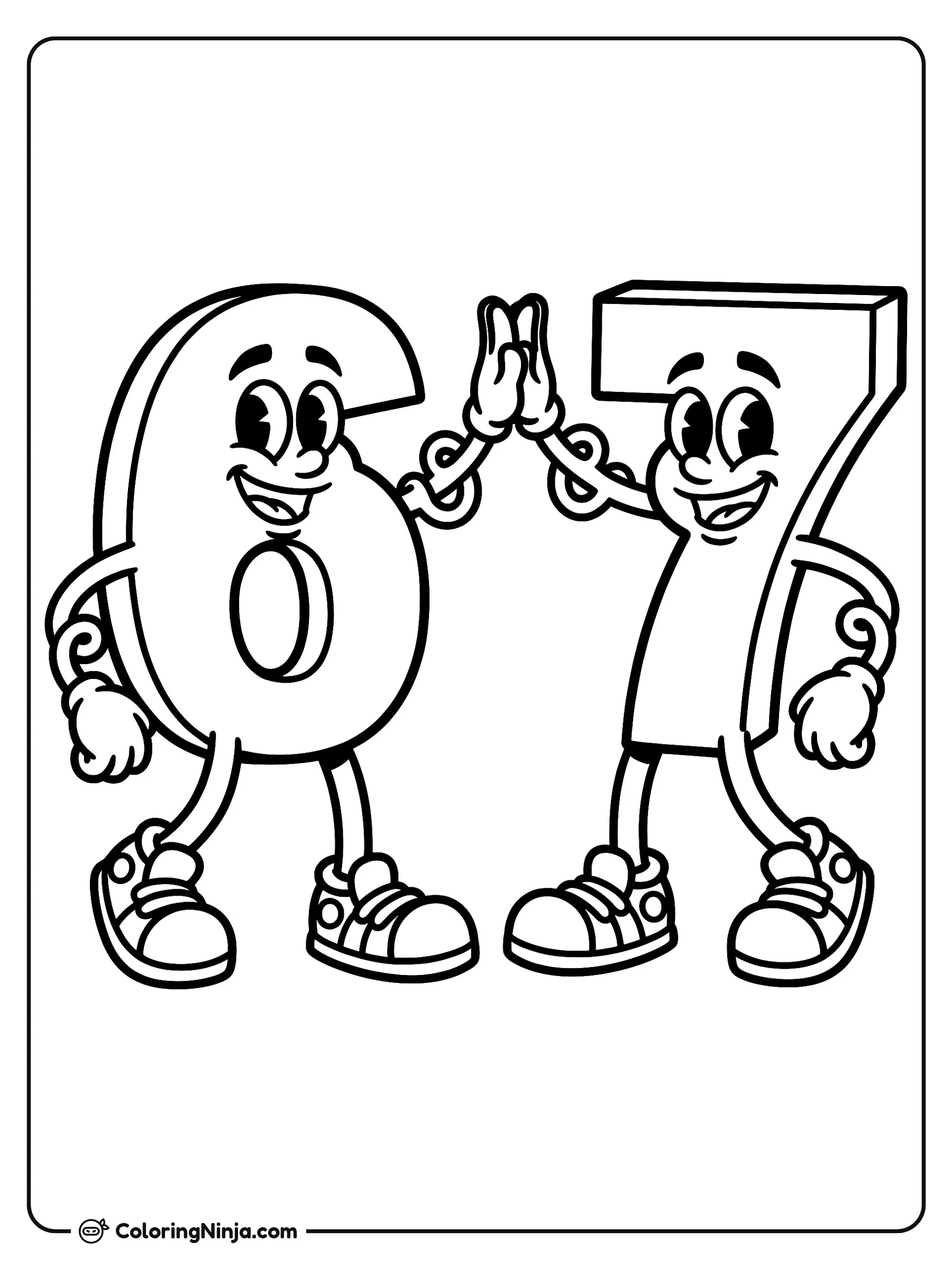 Amigos Números 6 y 7, dibujo para colorear: Los números 6 y 7 cobran vida como alegres personajes animados que chocan los cinco de forma amistosa.