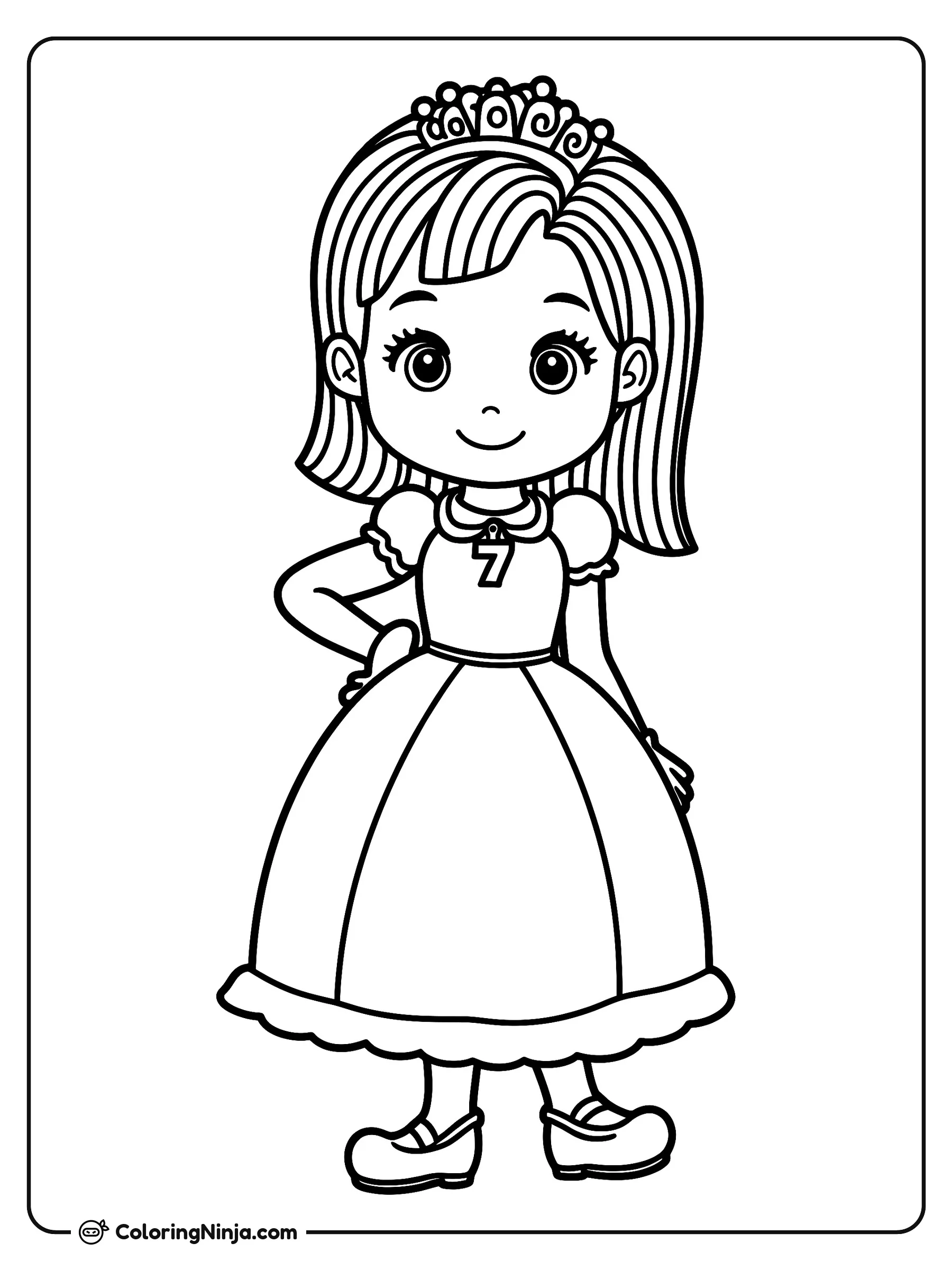 Una Pequeña Princesa con su Vestido, dibujo para colorear: Una pequeña princesa posa sonriente luciendo una tiara en su cabello y un vestido de gala decorado con el número siete.