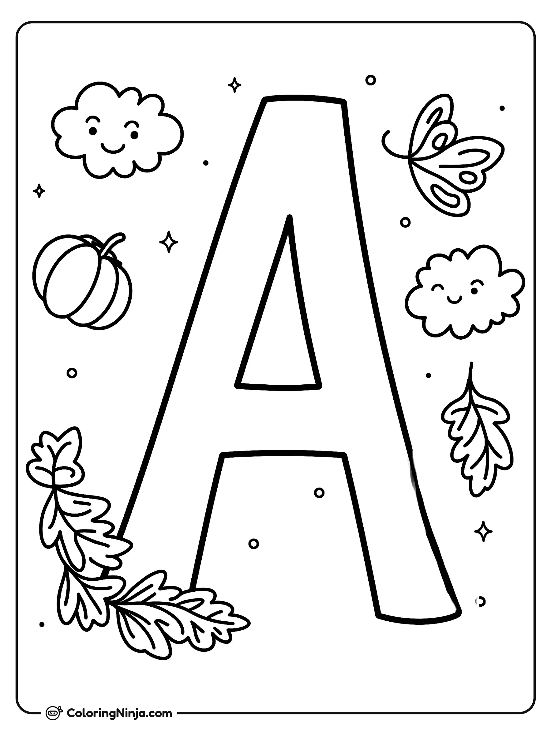 Letra A con nubes tiernas y hojas, dibujo para colorear: Una gran letra mayúscula A destaca en el centro rodeada de tiernas nubes sonrientes y lindas hojas. A su alrededor flotan una pequeña calabaza, una mariposa, estrellas y círculos.