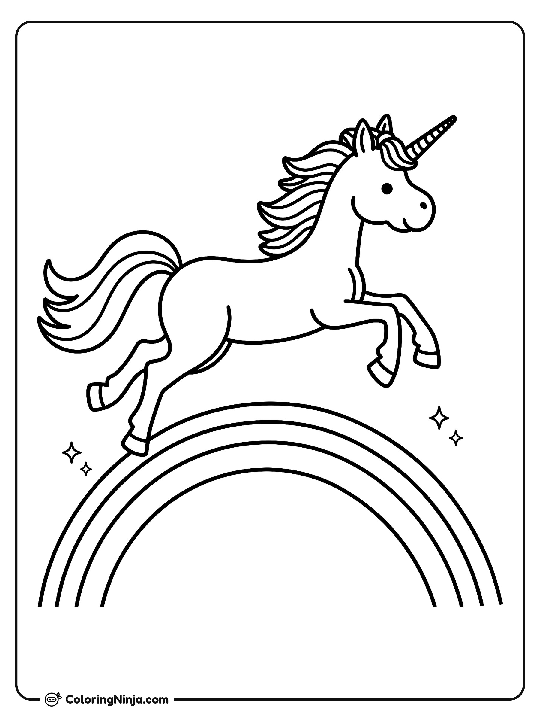 Lindo unicornio saltando un arcoíris: dibujo para colorear