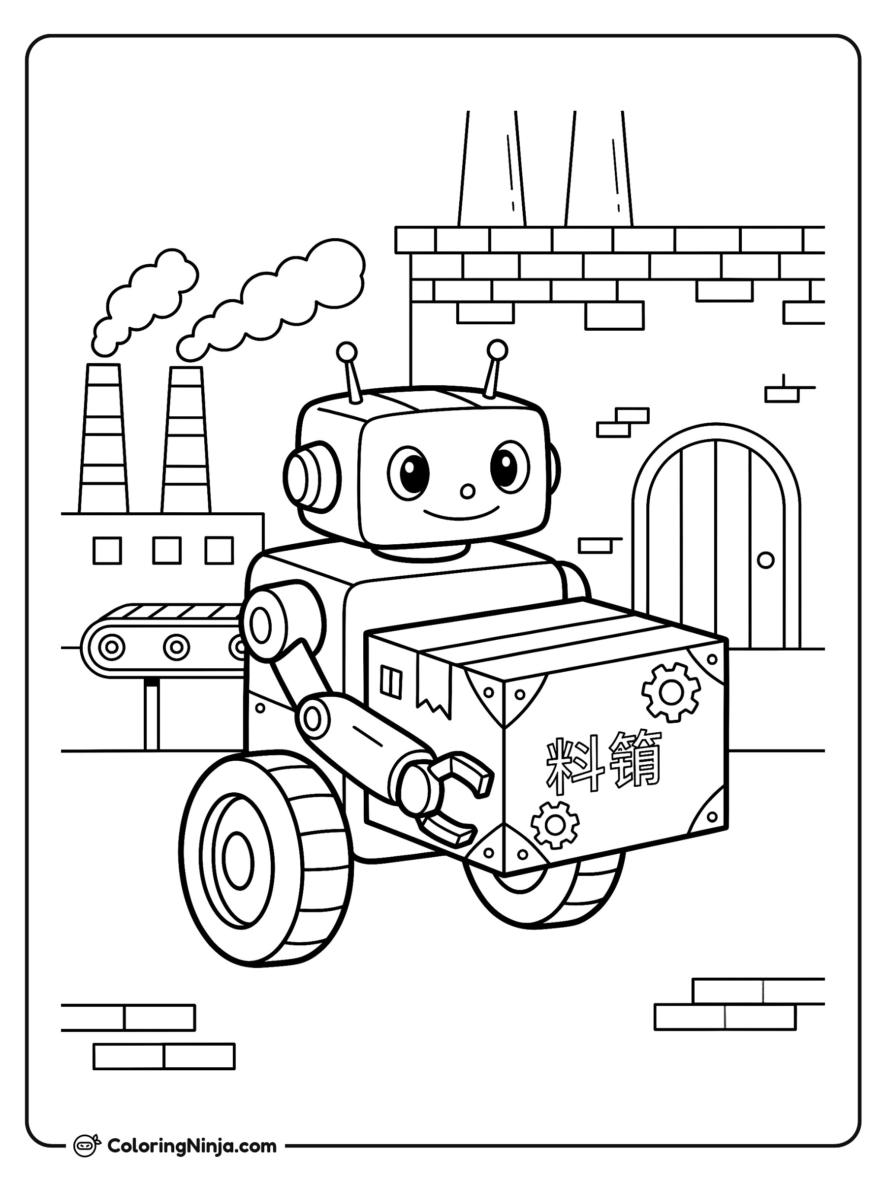 Robot cargando una caja en la fábrica: dibujo para colorear