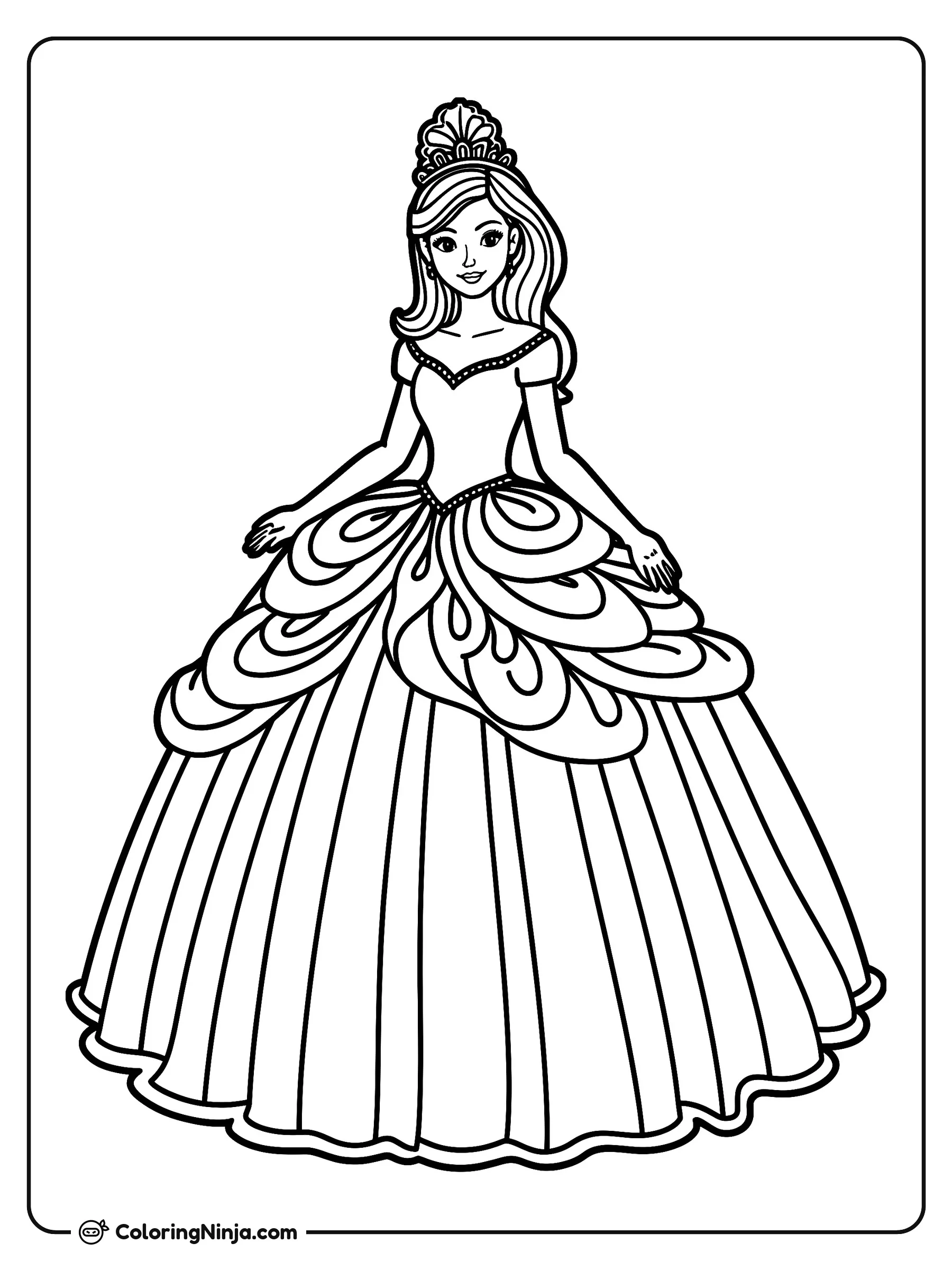 Fiesta de Quinceañera de Aaleyha, dibujo para colorear: Aaleyha posa con elegancia luciendo un gran vestido de quinceañera adornado con detalles en forma de alas de mariposa en la cintura.