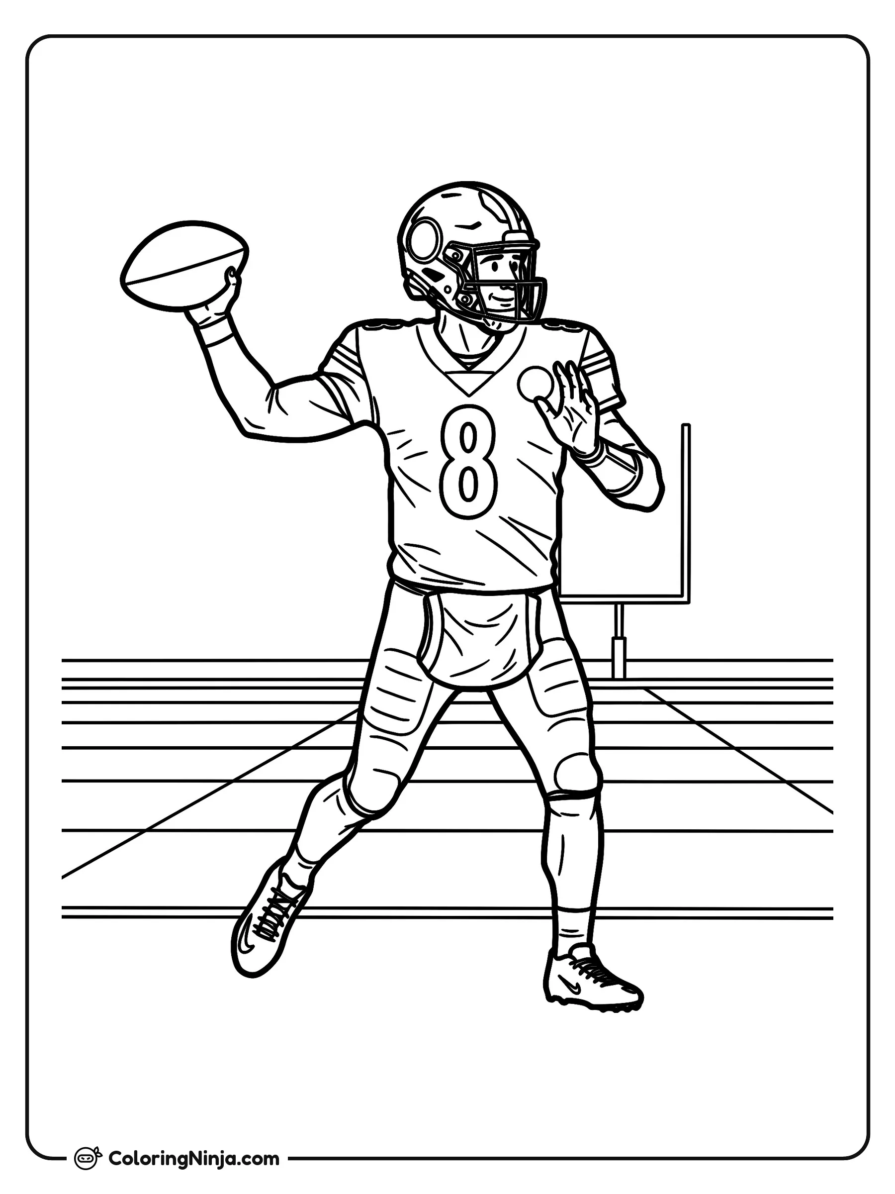 Aaron Rodgers lanzando un pase largo, dibujo para colorear: Aaron Rodgers está en el campo de fútbol americano usando su uniforme con el número 8, su casco y todo su equipo deportivo.