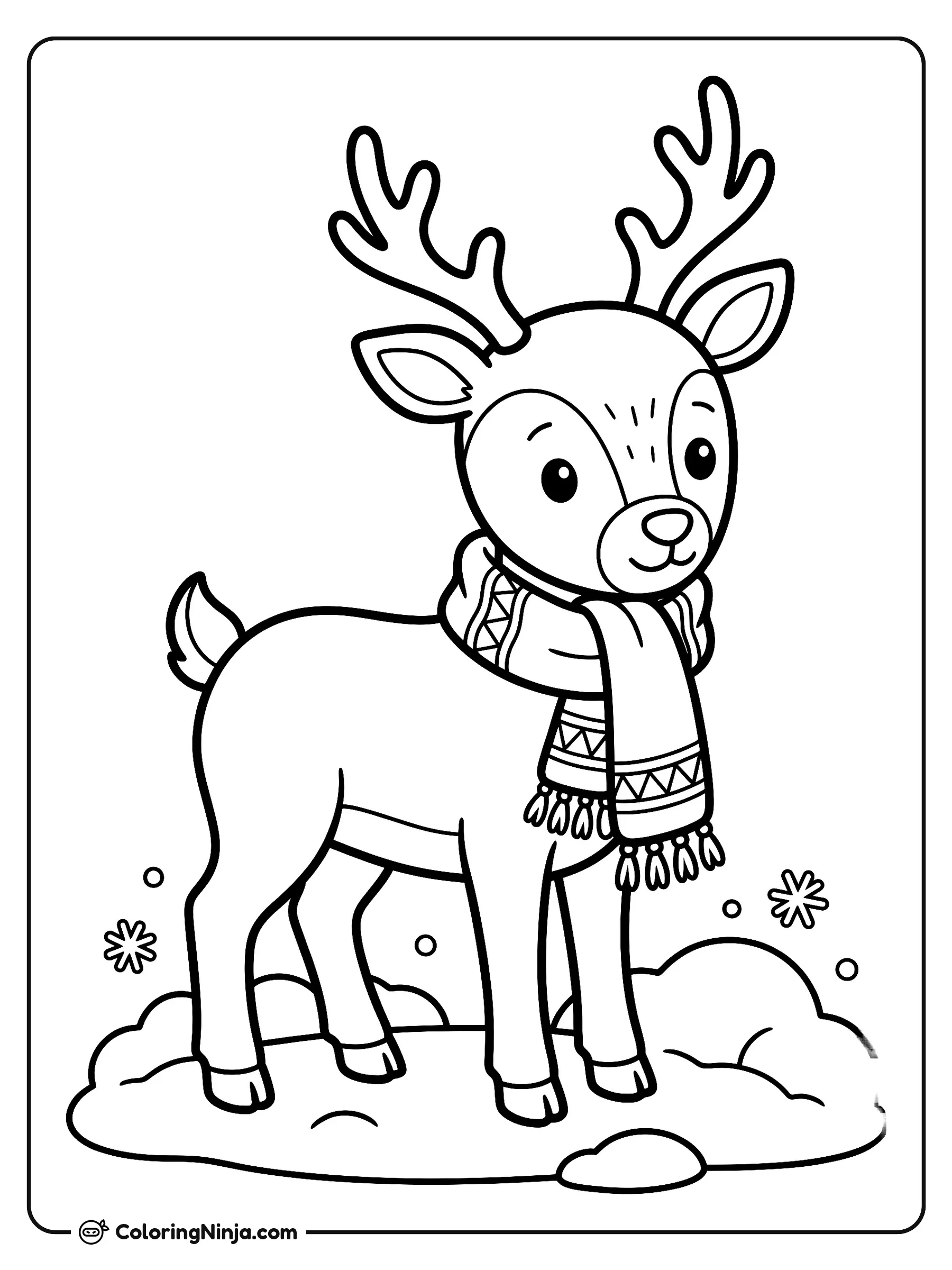 Lindo reno con bufanda, dibujo para colorear: Un adorable reno animado está de pie sobre la nieve mientras usa una bufanda calientita con bonitos patrones.