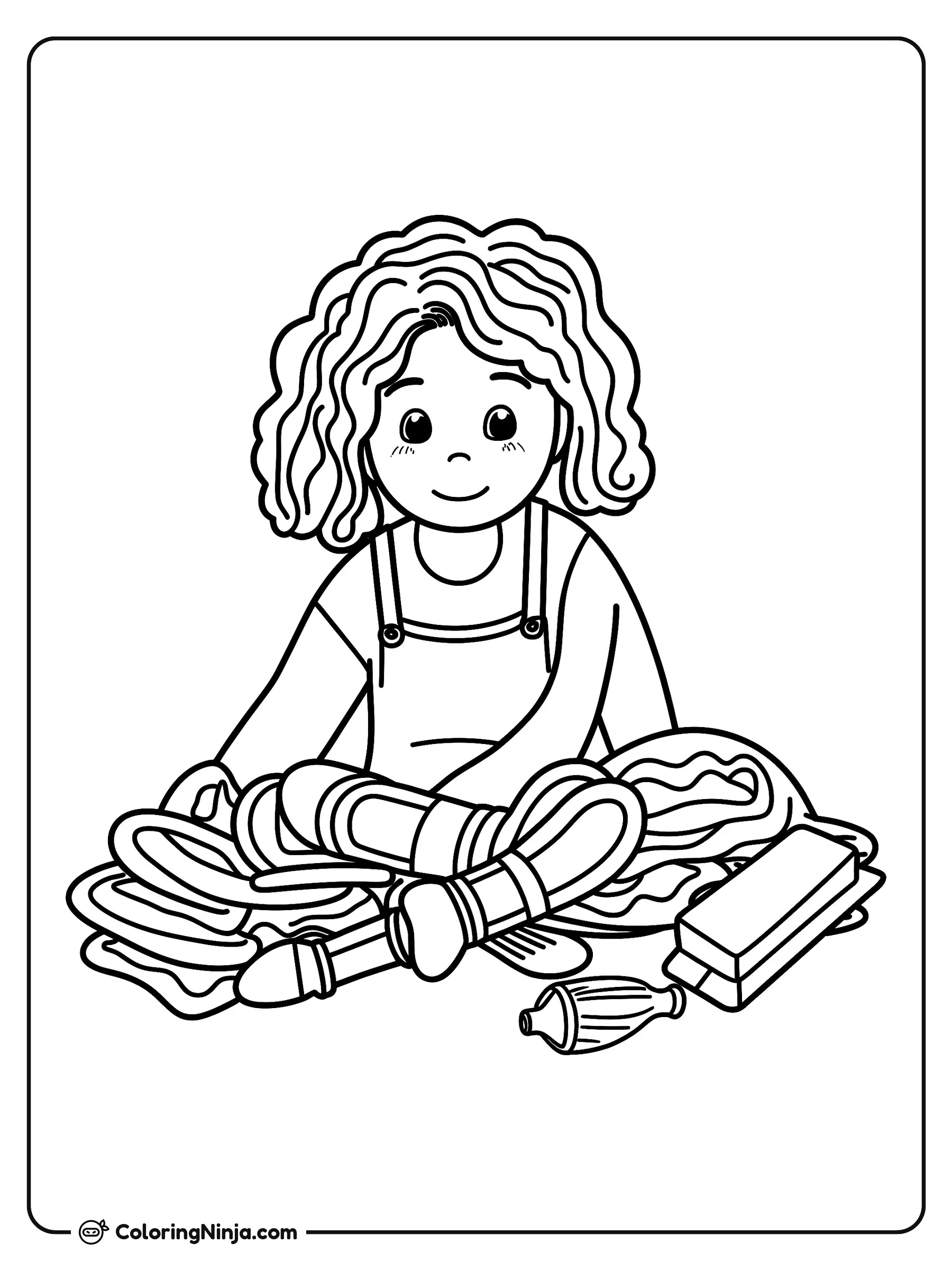 Persona con cabello rizado organizando objetos, dibujo para colorear: Una persona de cabello rizado está sentada con las piernas cruzadas en el suelo, rodeada de varios objetos como telas, botas y pequeñas cajas mientras intenta organizar el desorden.