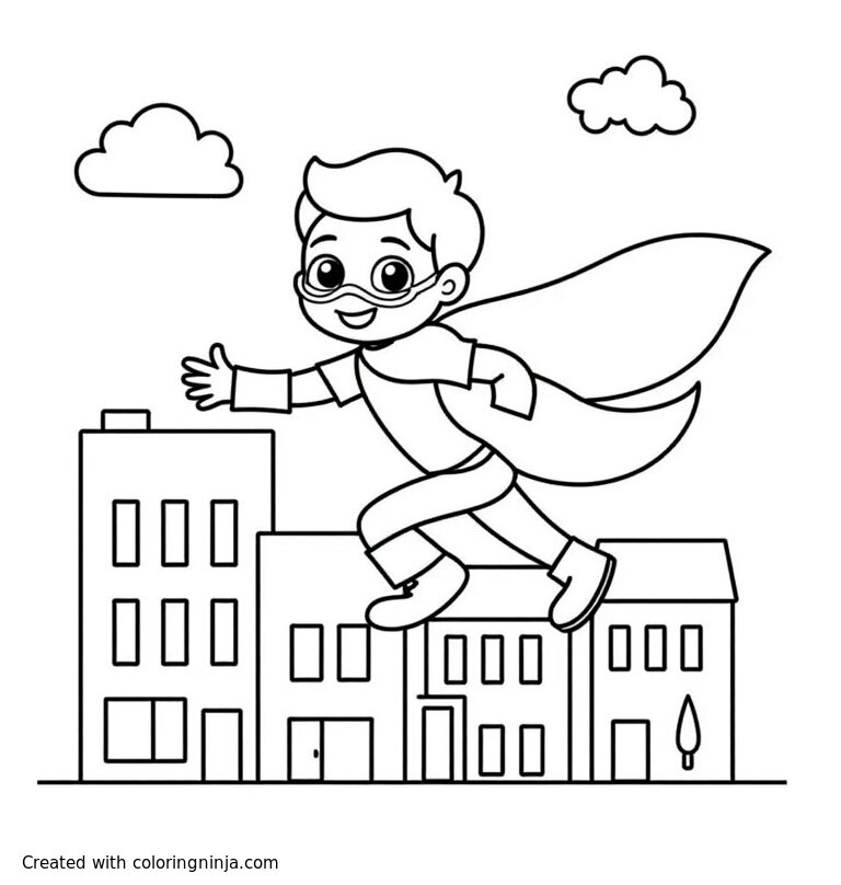 A coloring page of An African American boy child, dressed as a superhero. He is flying past apartment building s.