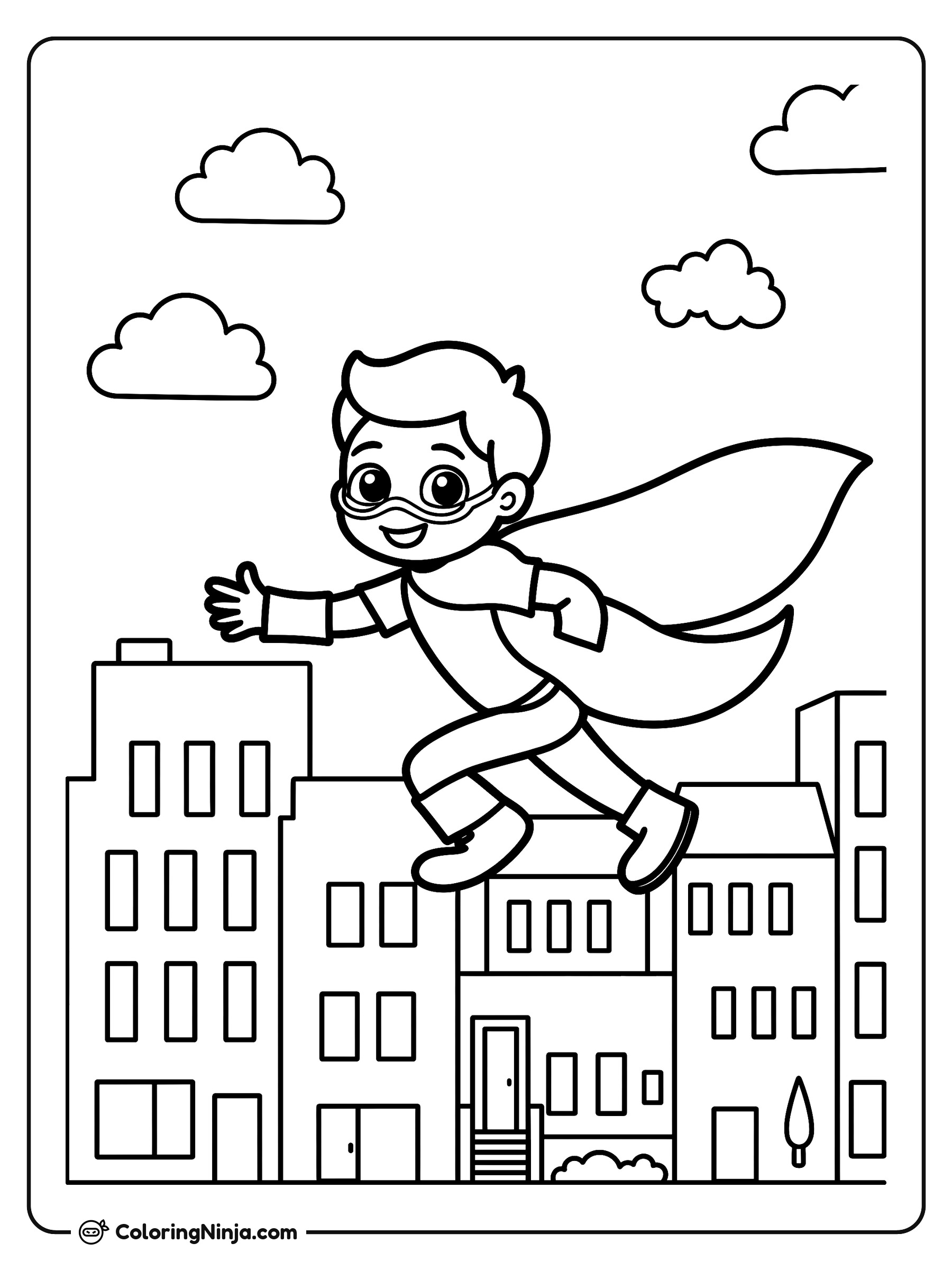 Niño superhéroe volando alto: dibujo para colorear