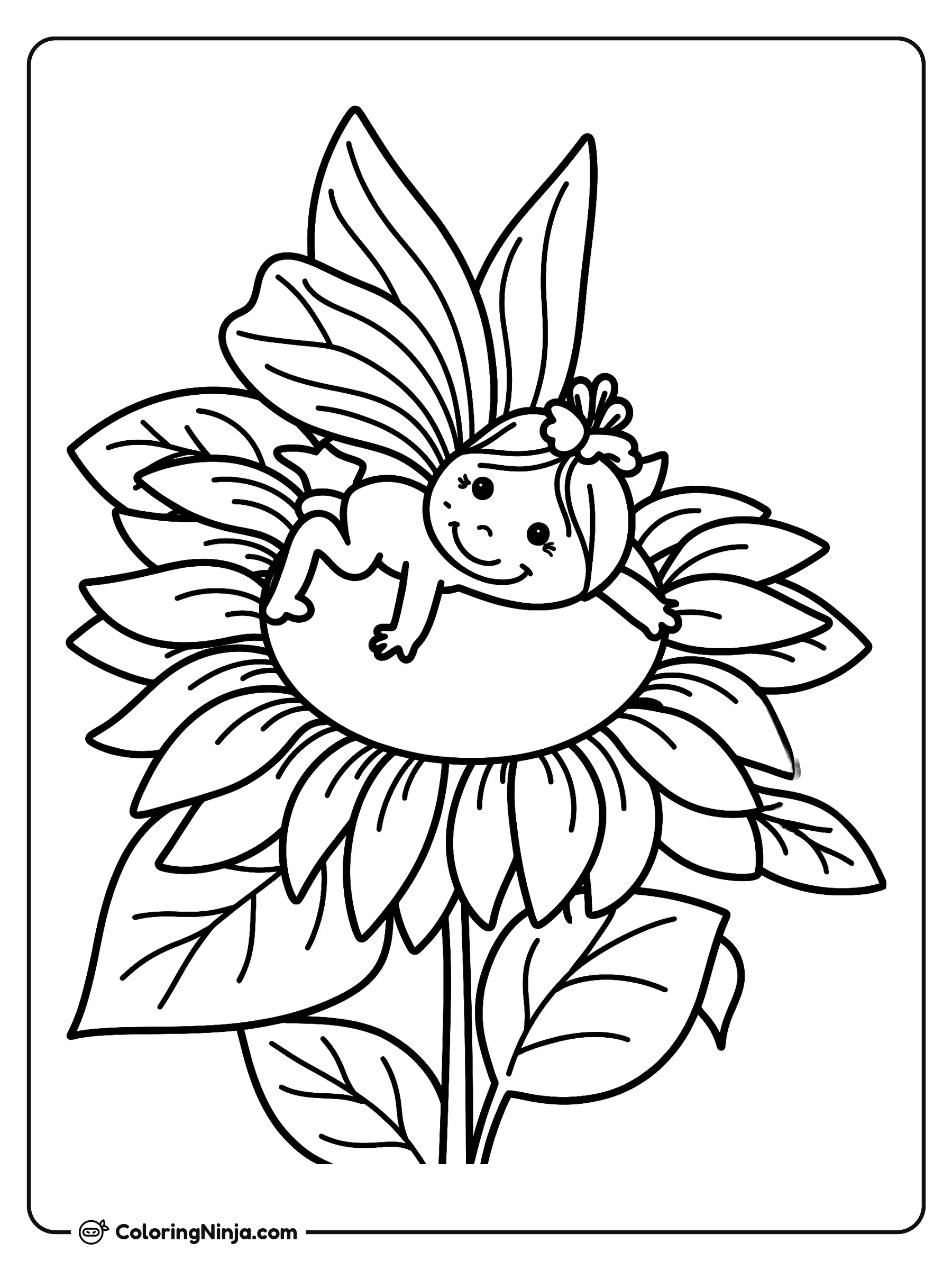 Linnia hada descansando en un girasol, dibujo para colorear: Una tierna hada descansa cómodamente en el centro de un gran girasol abierto, rodeada de suaves pétalos y amplias hojas.
