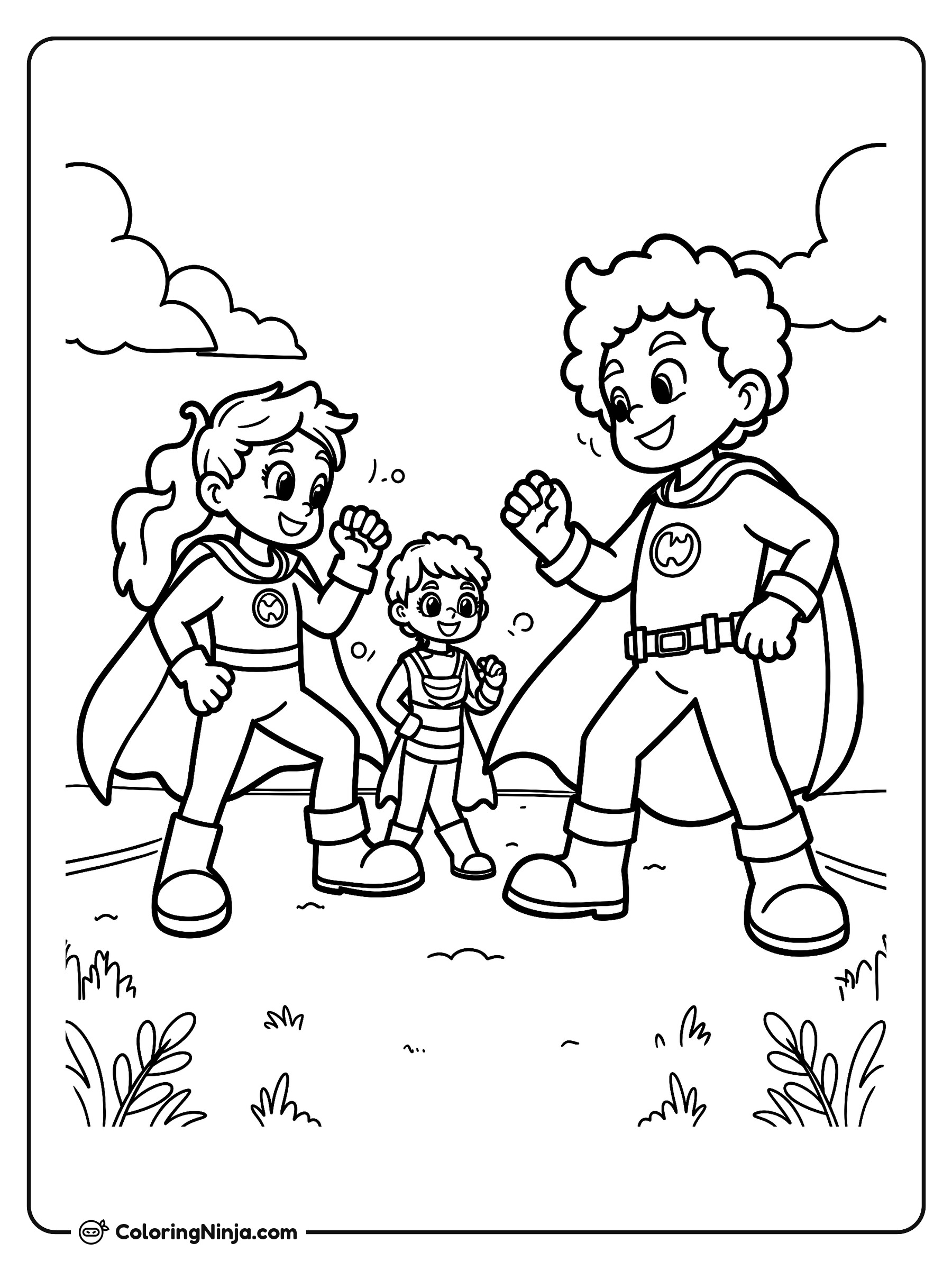 Familia de Superhéroes contra Villanos Alienígenas: dibujo para colorear