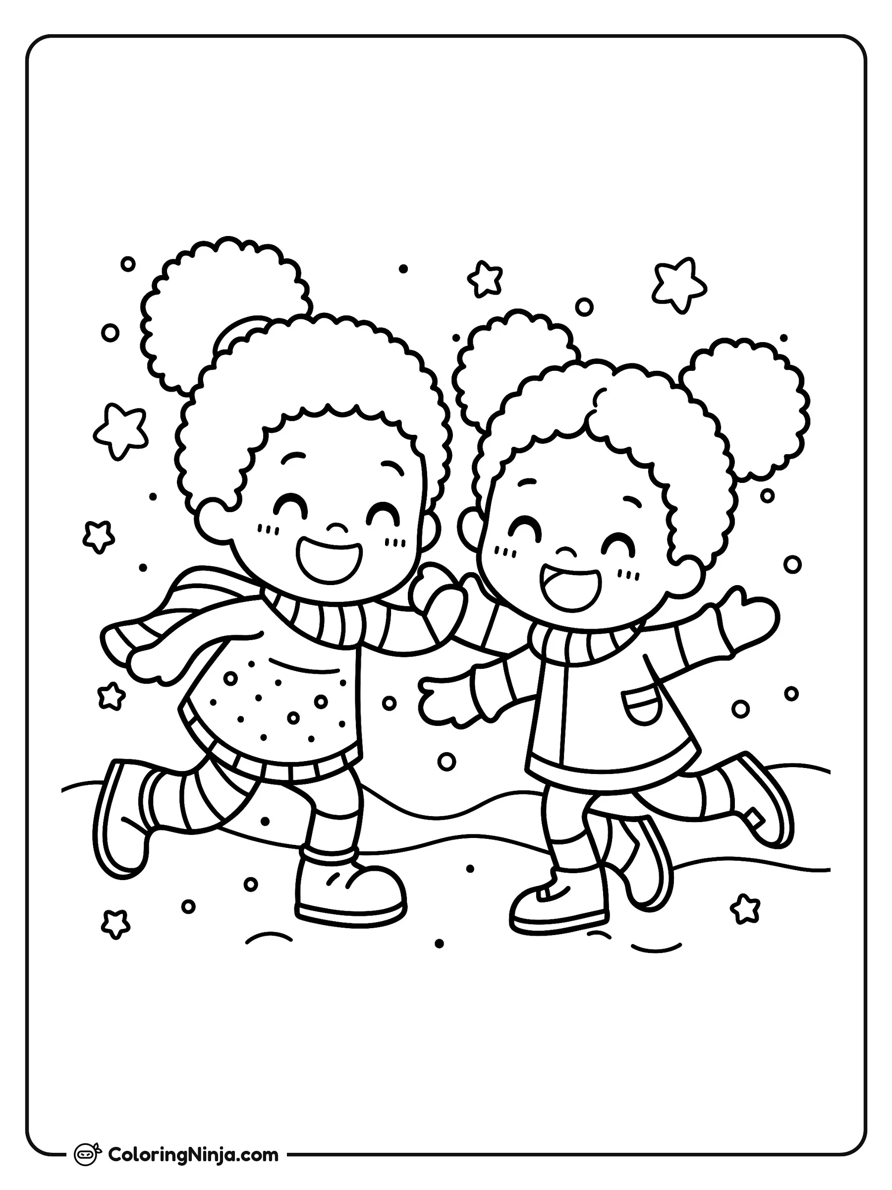 Niños afroamericanos jugando en la nieve, dibujo para colorear: Dos felices niños afroamericanos vestidos con abrigos de invierno, bufandas y botas se toman de las manos mientras bailan en la nieve.