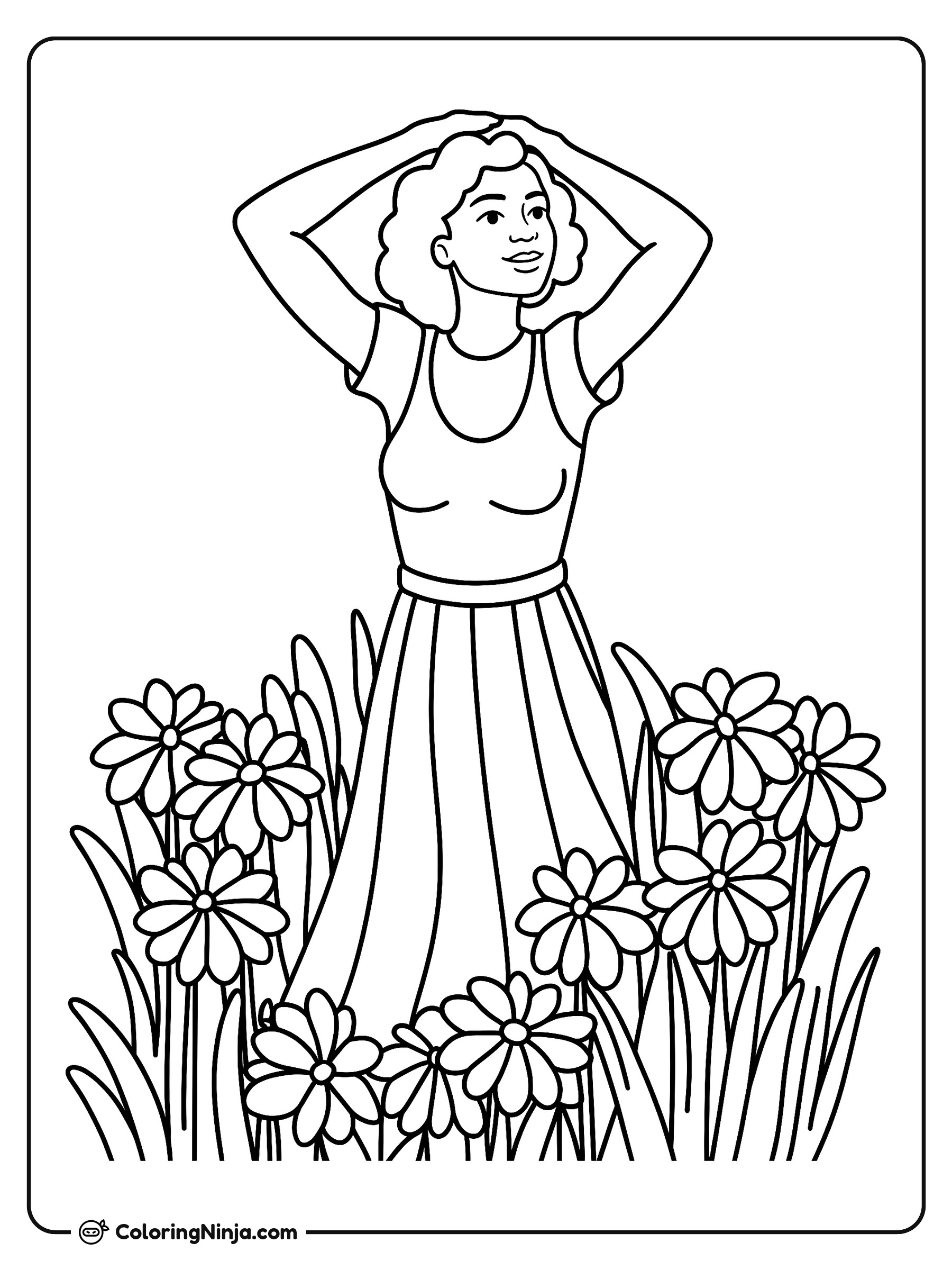 Mujer afroamericana entre las flores: dibujo para colorear