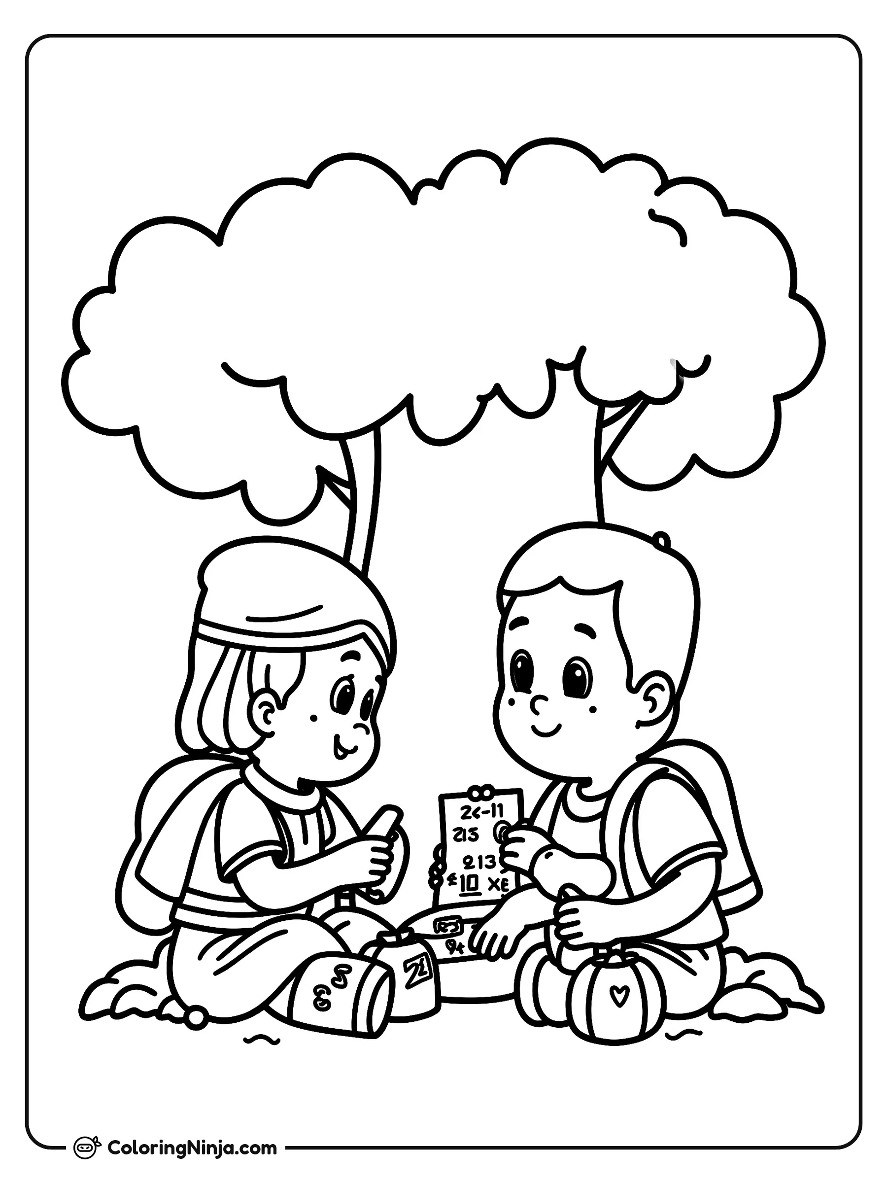 Diversión con matemáticas bajo el árbol, dibujo para colorear: Dos jóvenes estudiantes con mochilas están sentados bajo un frondoso árbol resolviendo problemas matemáticos juntos.
