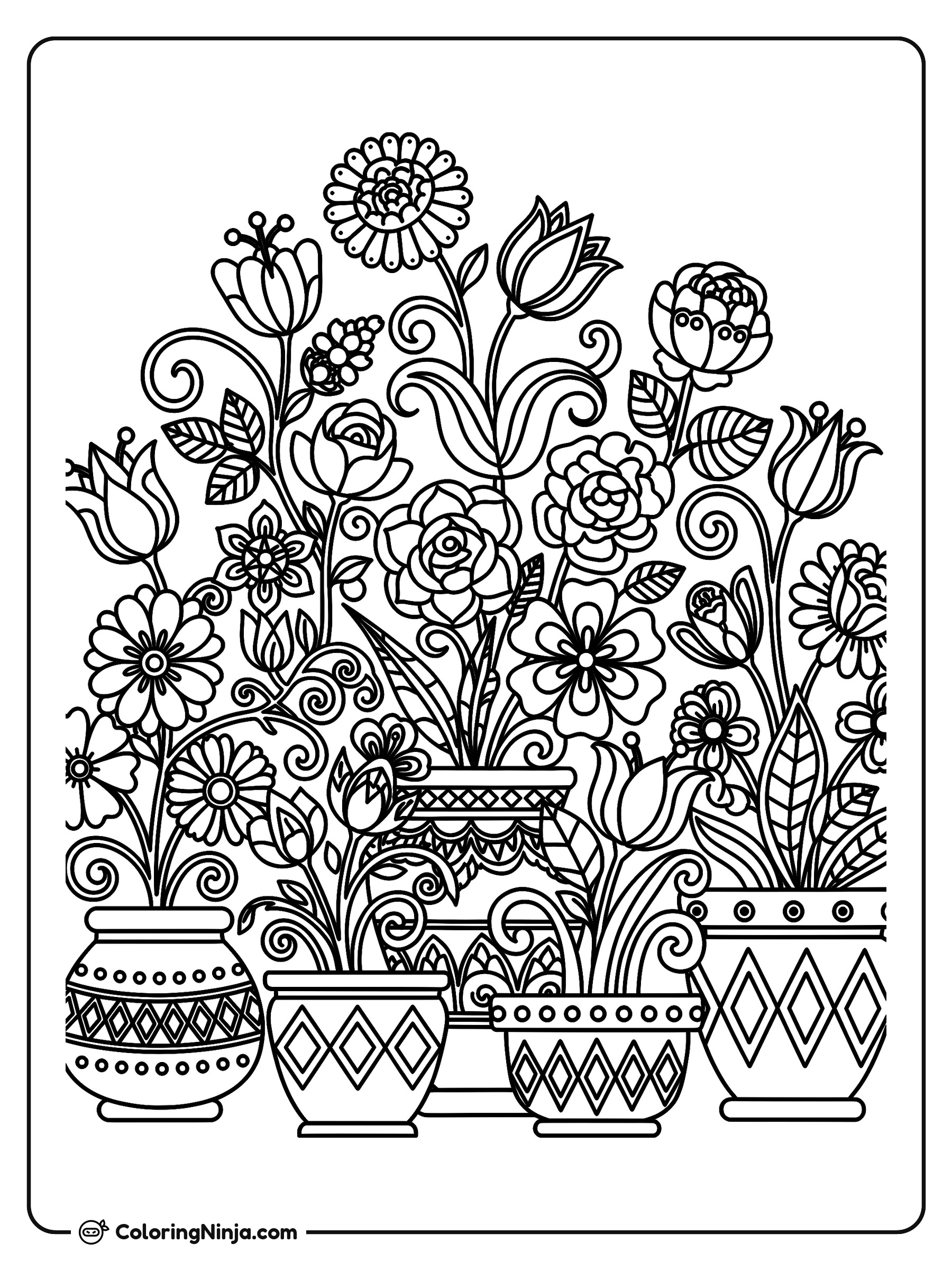 Jardín de flores decorativas en macetas: dibujo para colorear
