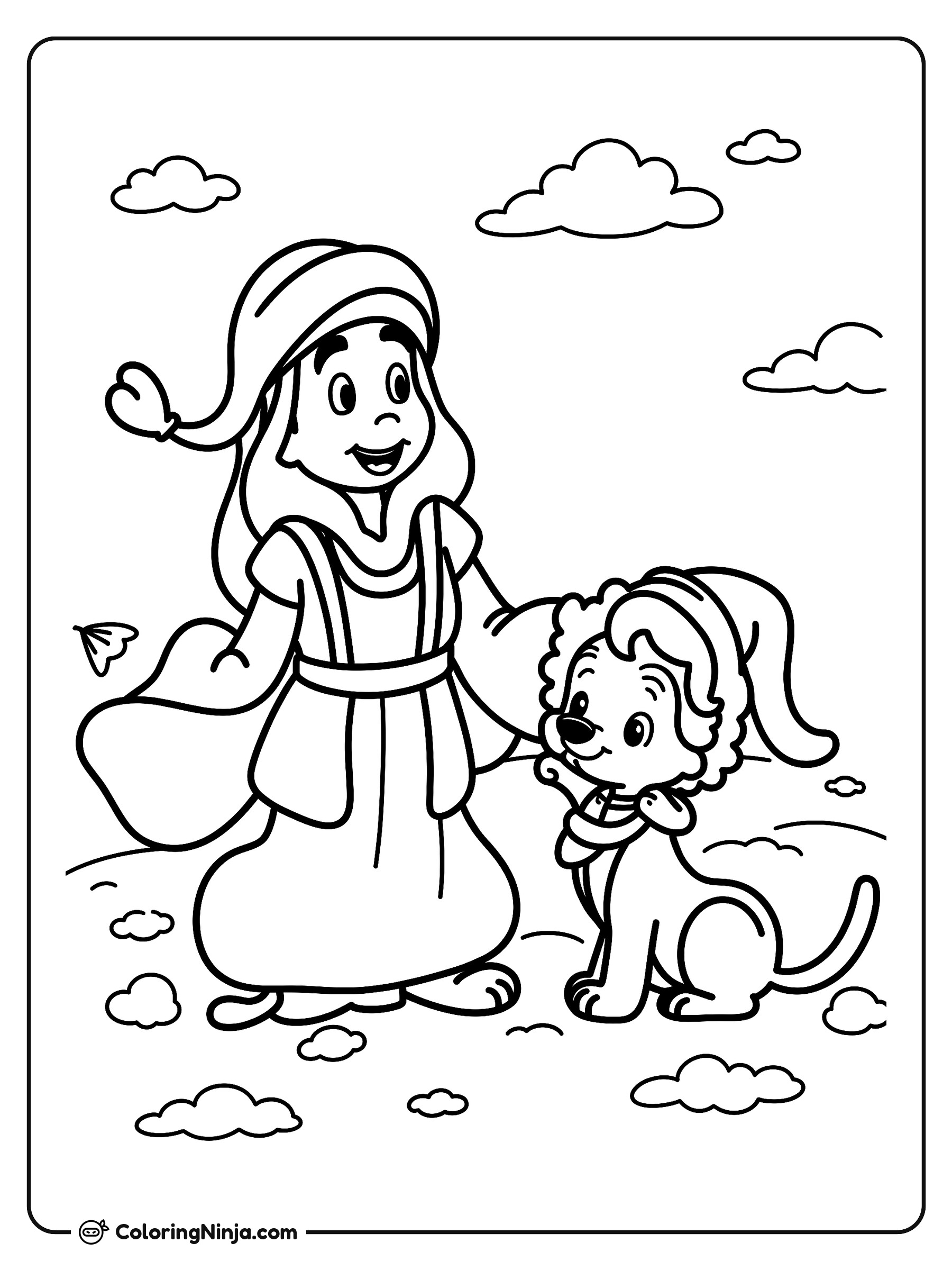 Niño tierno y su perro: dibujo para colorear
