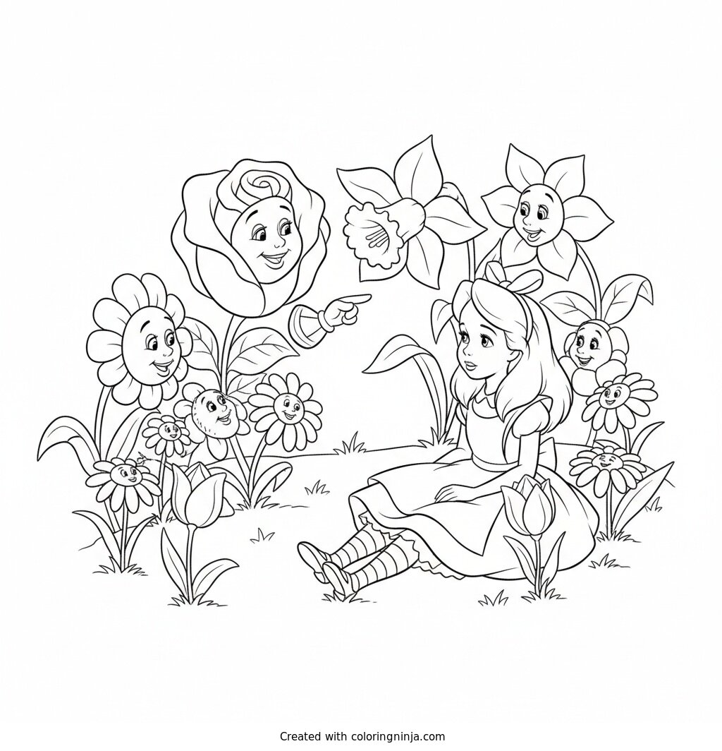 Coloring page of alice in wonderland with talking flowers
