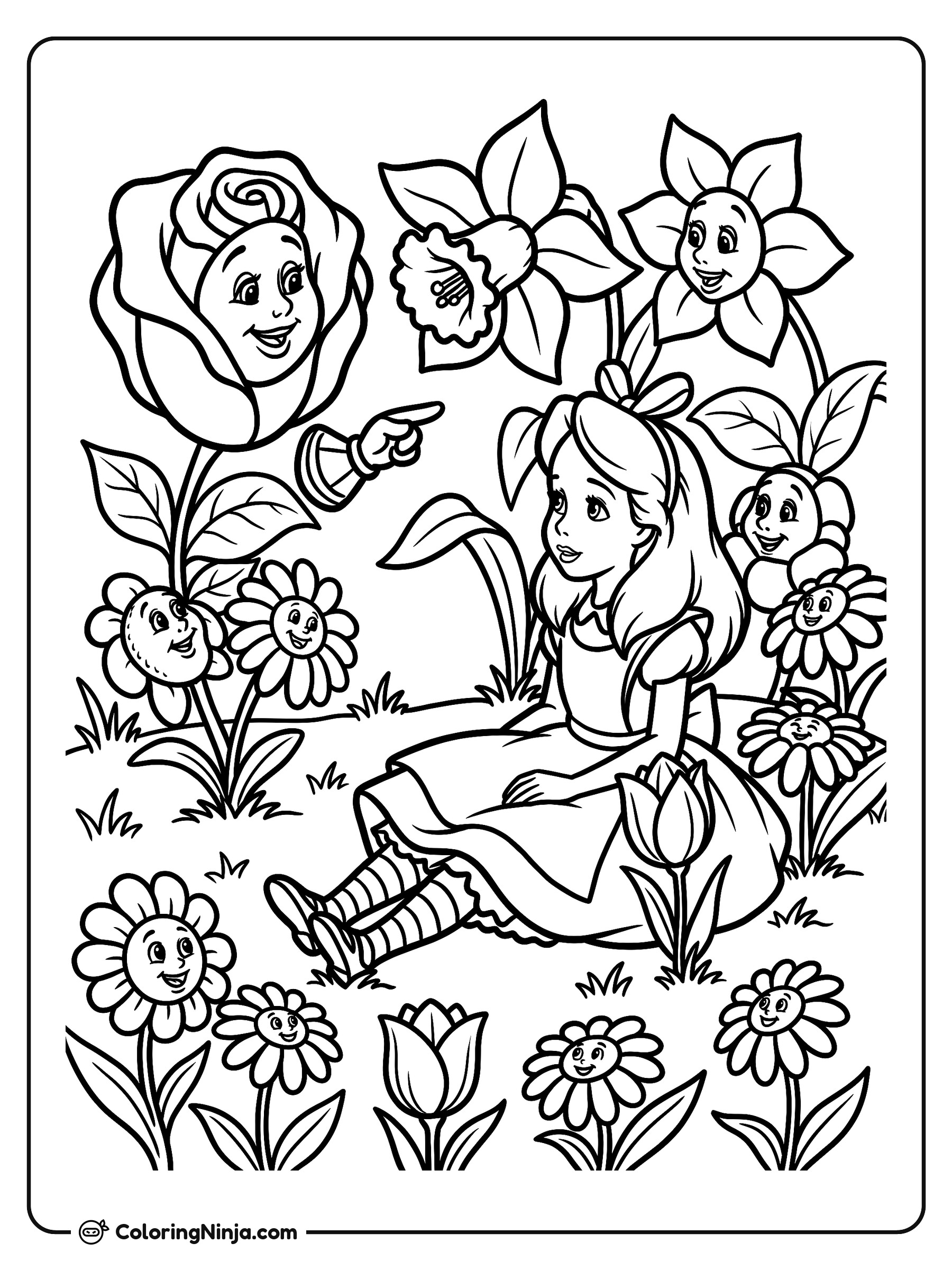 Alice en el País de las Maravillas con flores parlantes: dibujo para colorear
