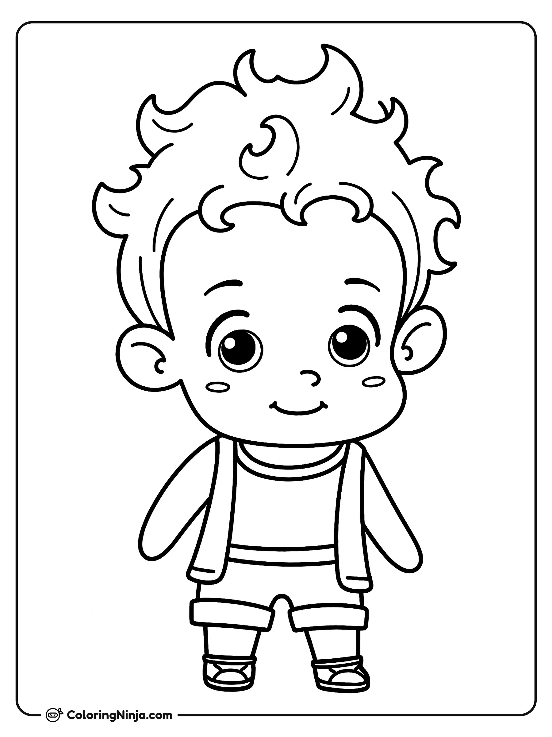 Niño lindo de pie y feliz, dibujo para colorear: Un niño pequeño y sonriente viste un atuendo casual con chaleco, pantalones cortos y zapatos. Tiene el cabello rizado y despeinado, grandes ojos amigables y una sonrisa dulce.