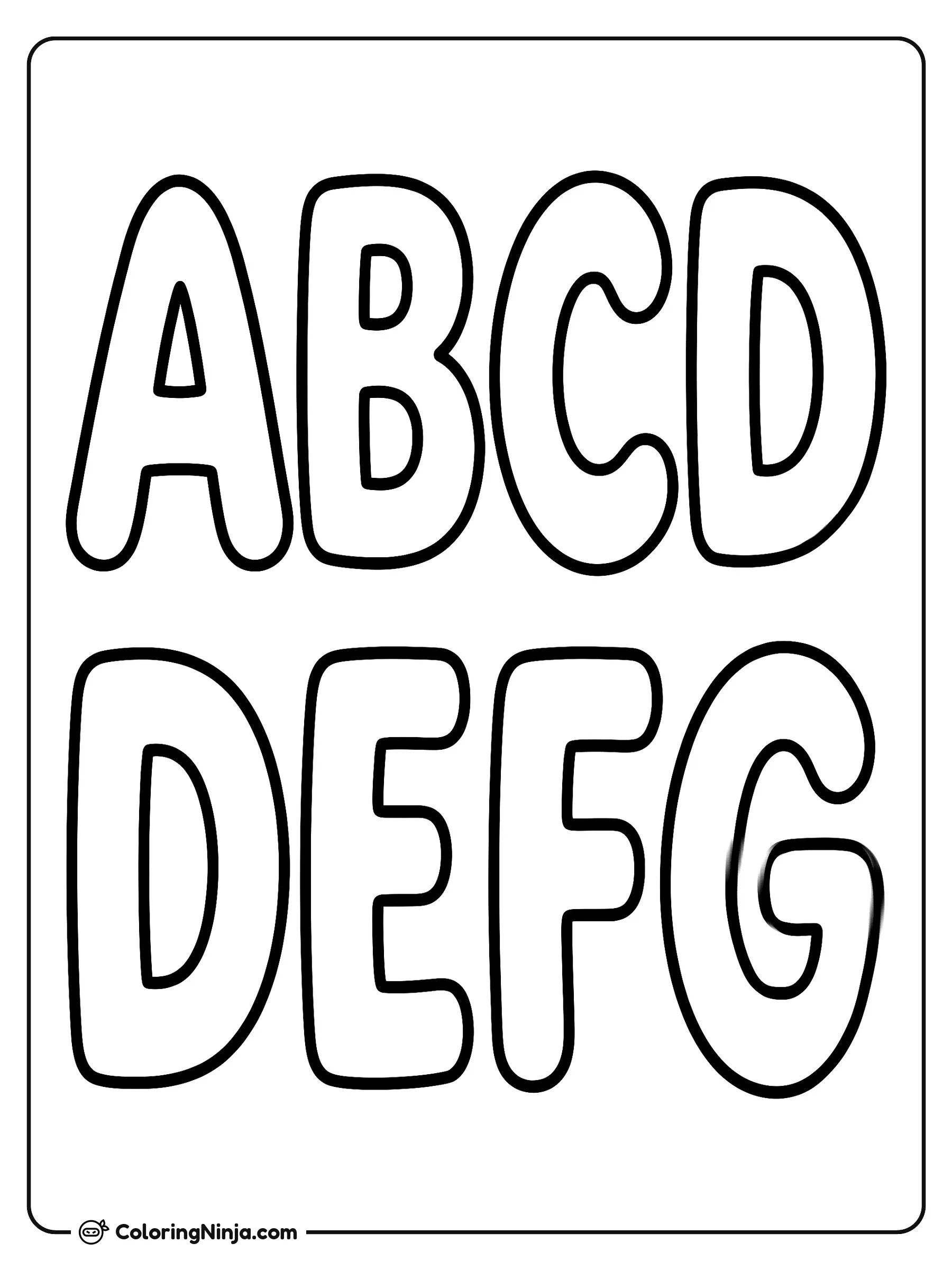 Abecedario con las letras ABCDEFG, dibujo para colorear: Esta página muestra las primeras letras del abecedario ordenadas en dos filas con trazos grandes y claros.