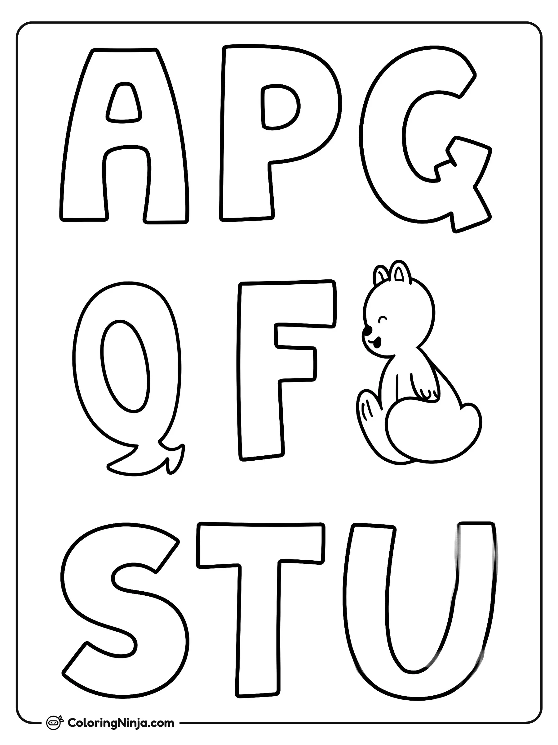 Letras del abecedario con tierno animalito, dibujo para colorear: Varias letras grandes del abecedario llenan el espacio junto a un tierno animalito sentado cerca del centro.